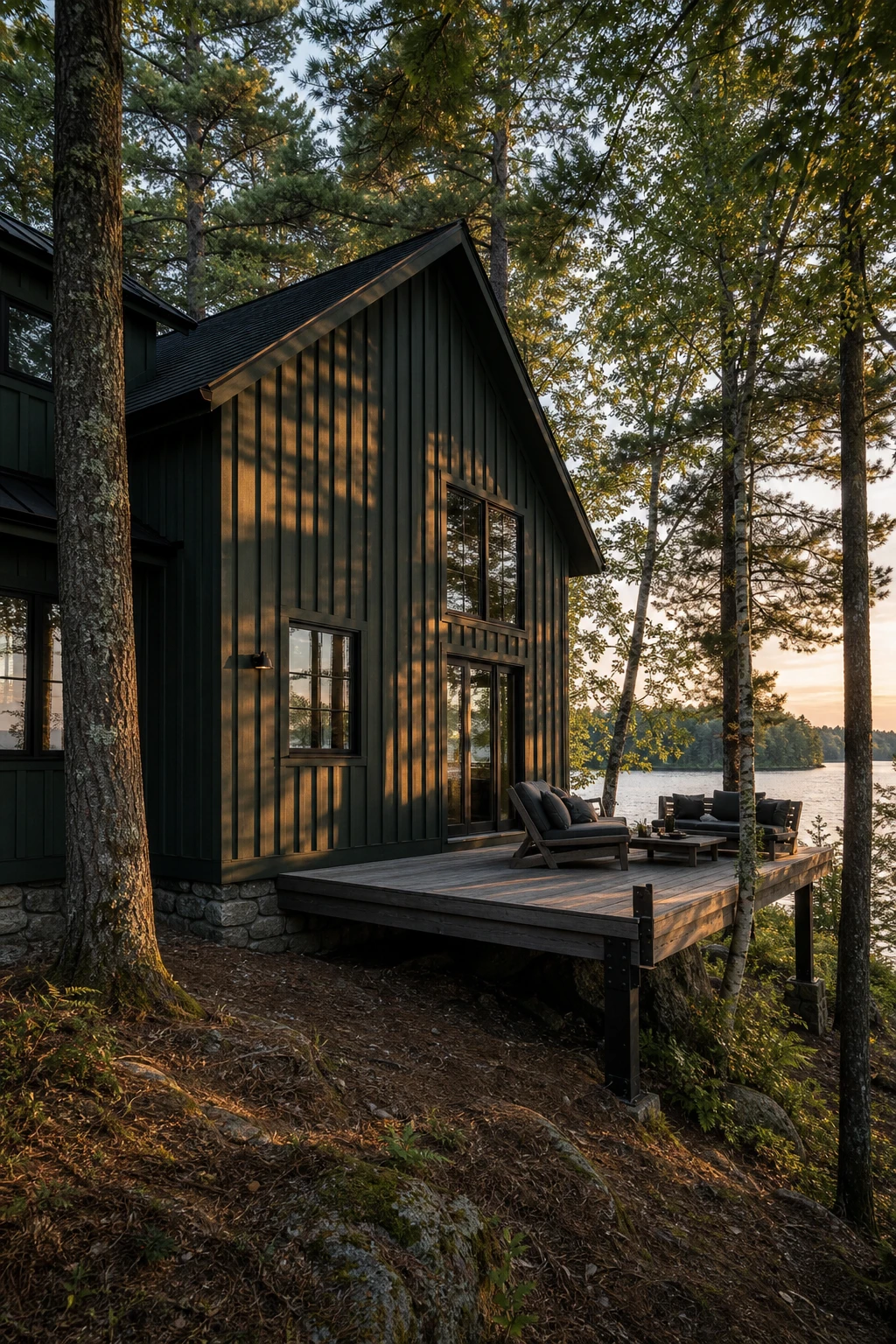 Dark lake house exterior with dark green board and batten siding blending into dense treeline, black trim windows, stone foundation, and cedar deck at dusk