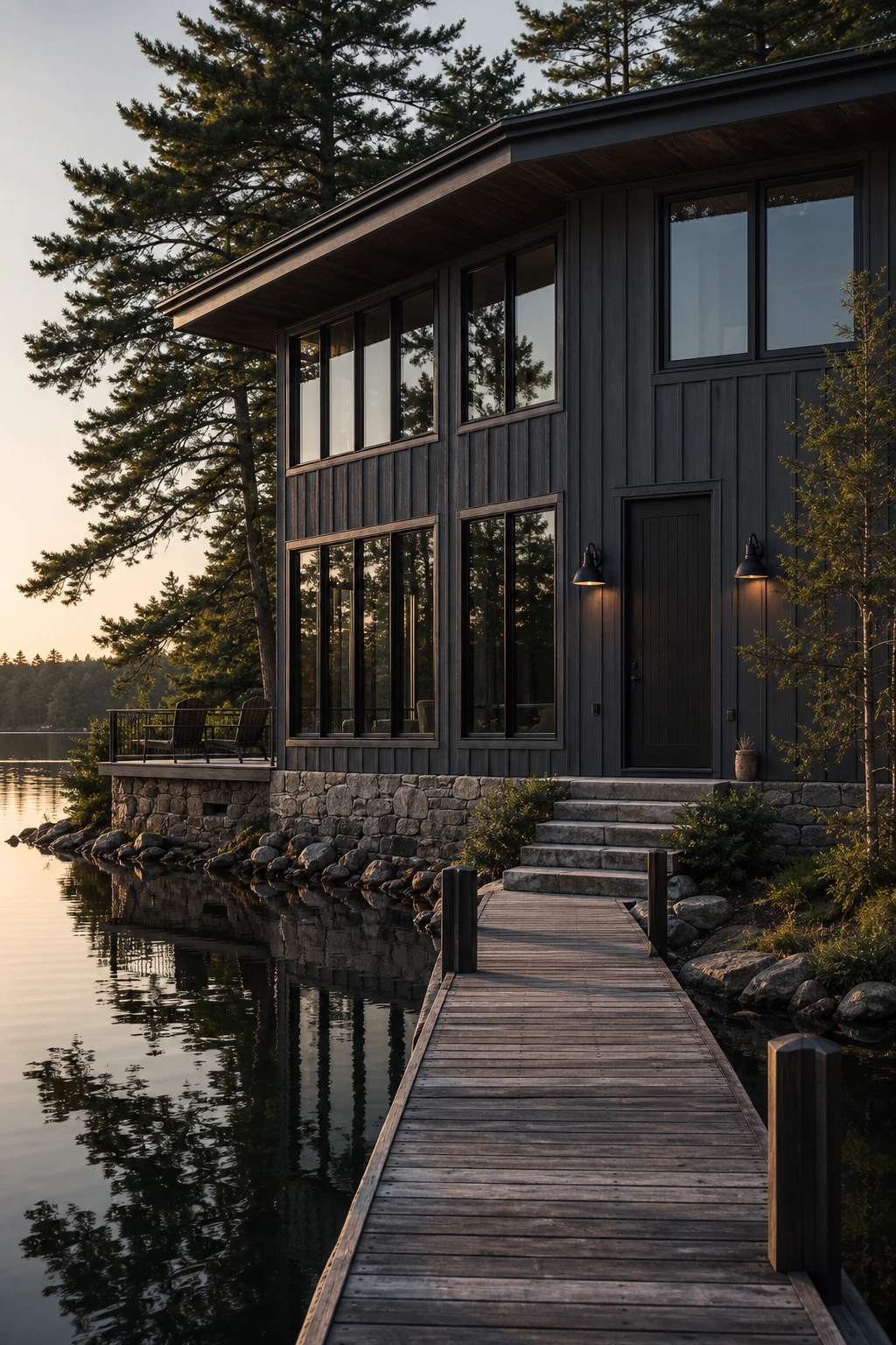 Dark lake house exterior with dark grey walls and black windows, surrounded by tall pines, shot at golden hour from a low wide angle