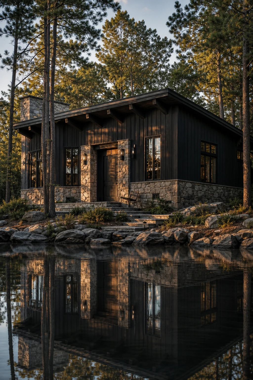 Dark lake house exterior with dark siding and stone base, surrounded by tall pines, shot at golden hour from a low wide angle