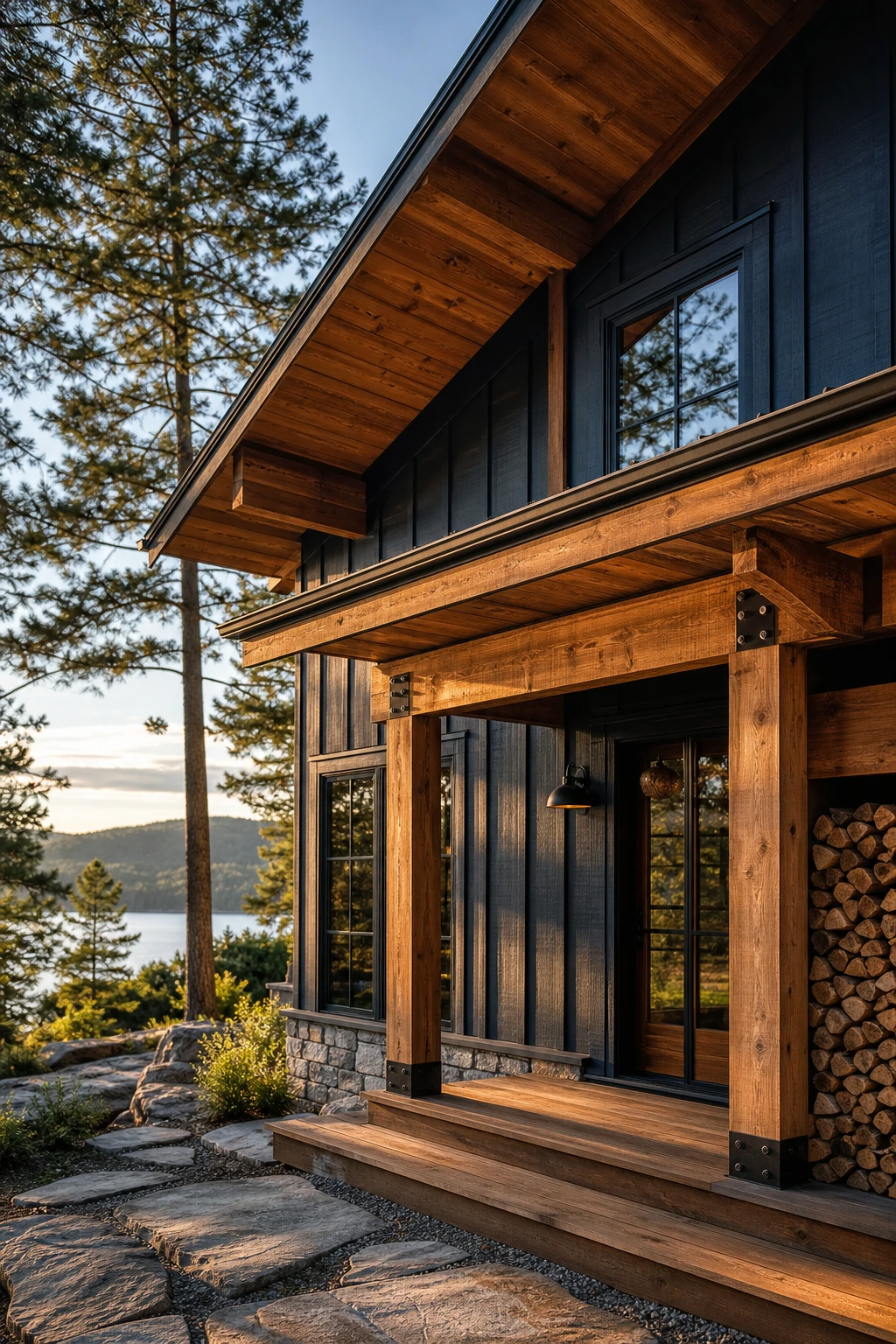 Dark lake house exterior with deep blue board and batten siding and warm wood beam accents under soft afternoon light beside calm water