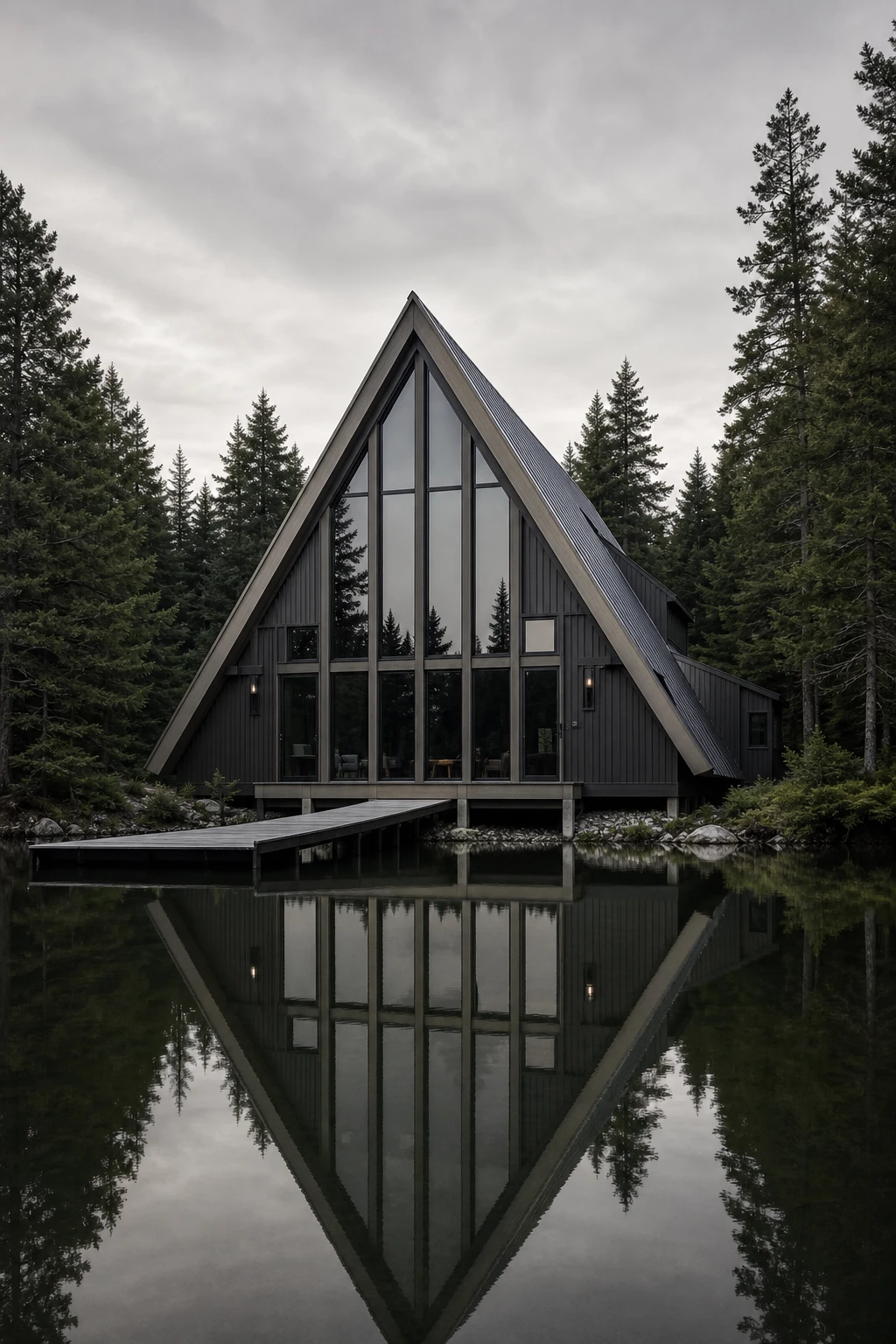 Dark lake house exterior with dramatic A frame silhouette clad in charcoal timber, steep roofline reflected in still water at dusk, Farrow and Ball Worsted grey trim