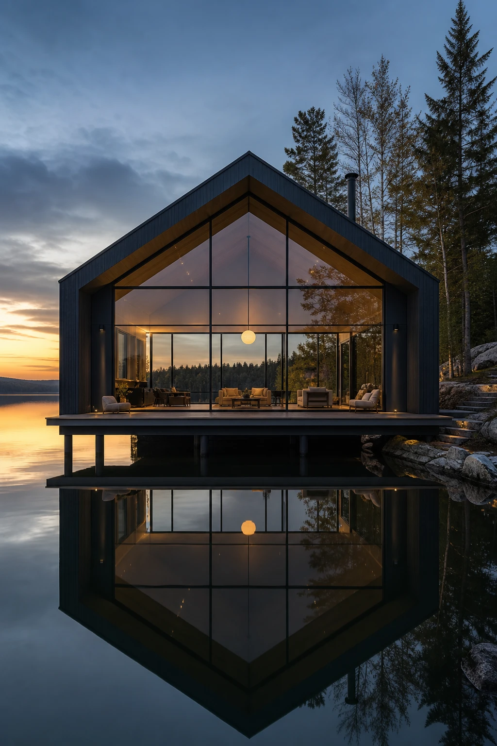 Dark lake house exterior with full glass front framed by deep blue black cladding, reflecting still water at dusk, magazine quality architectural photography