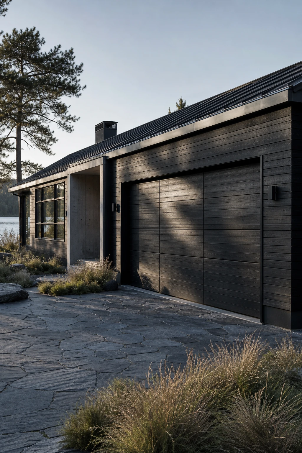 Dark lake house exterior with integrated garage design featuring black timber cladding, oversized garage doors, and cohesive dark facade under soft morning light