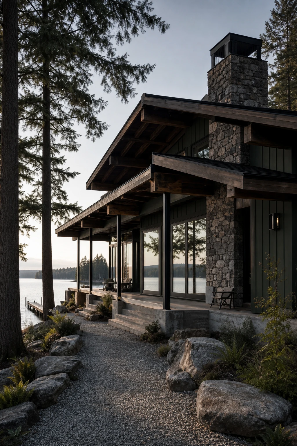 Dark lake house exterior with low roofline and heavy timber overhangs finished in deep green Farrow and Ball Bancha paint beside calm water