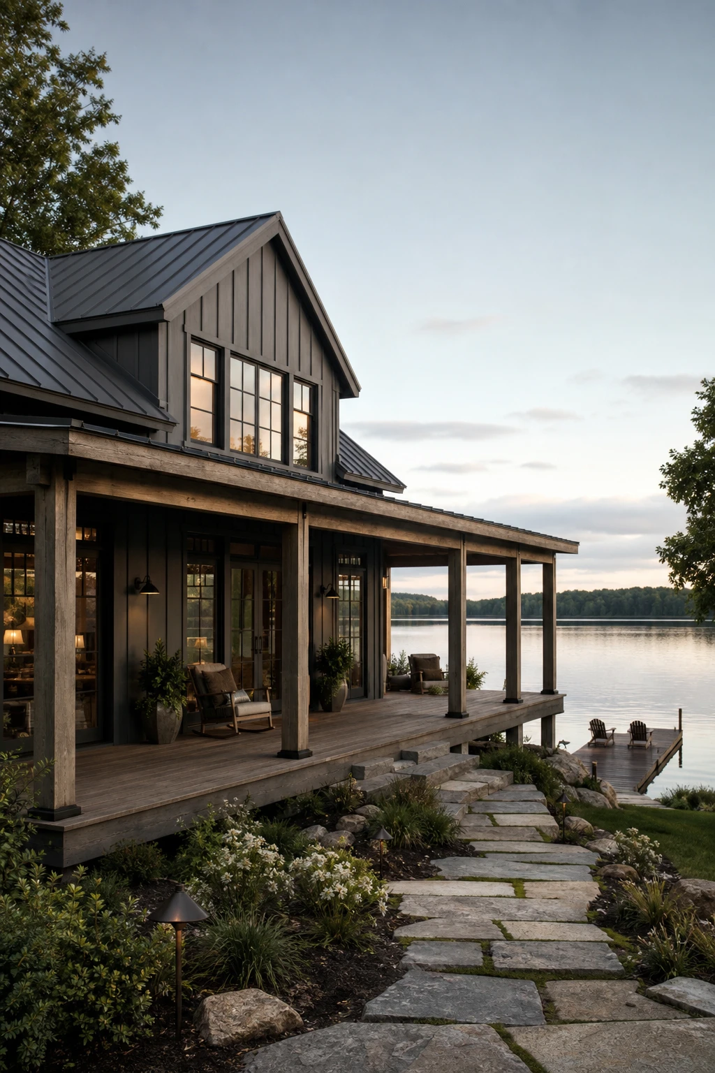 Dark lake house exterior with modern farmhouse design, board and batten siding in Manor House Gray, gabled roofline, black window frames, and a timber wraparound porch facing calm water