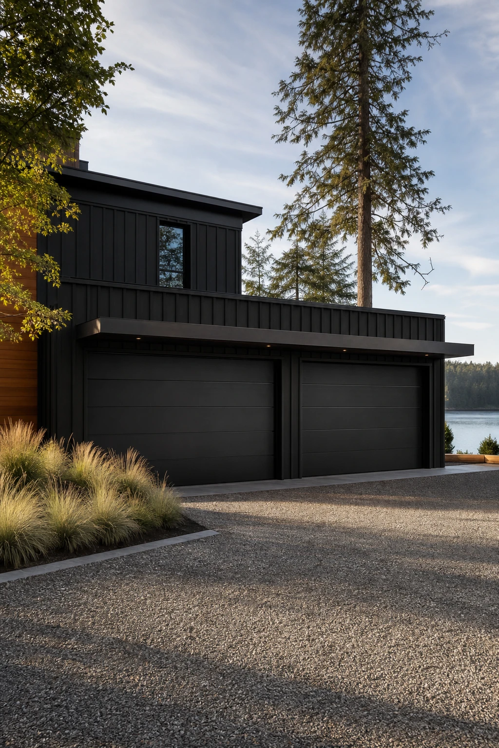 Dark lake house exterior with oversized black garage doors as the hero feature, Farrow and Ball Paean Black facade, cedar trim, and gravel driveway under soft morning light