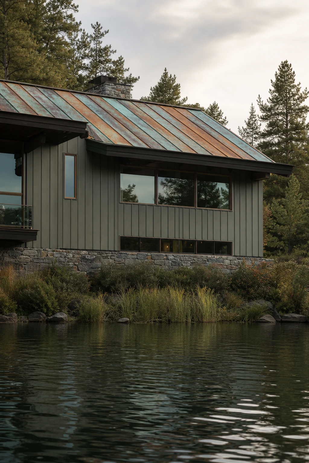 Dark lake house exterior with sage green walls and a living copper roof, surrounded by mature trees and waterfront landscaping in soft morning light
