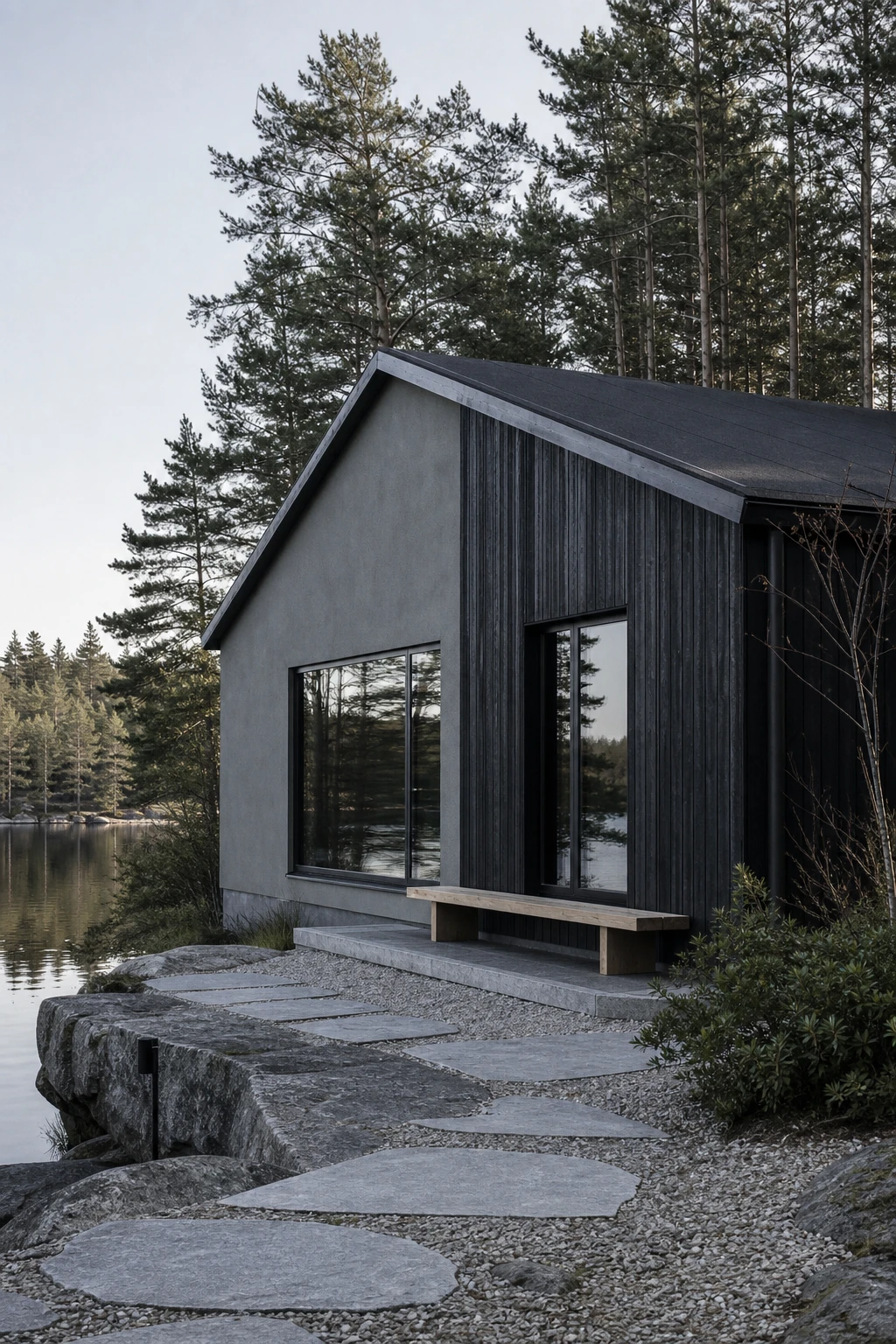 Dark lake house exterior with Scandinavian dark cabin as the hero, clad in charred timber under a low pitched roof, surrounded by pines and still water