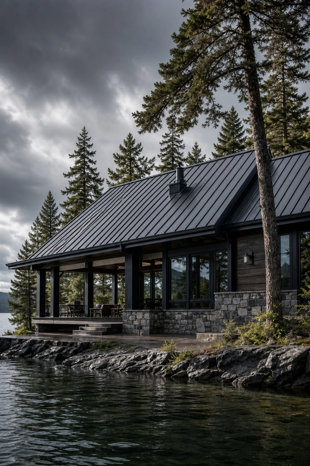 Dark lake house exterior with standing seam metal roof as hero, clad in dark timber and stone, surrounded by tall pines under overcast afternoon light