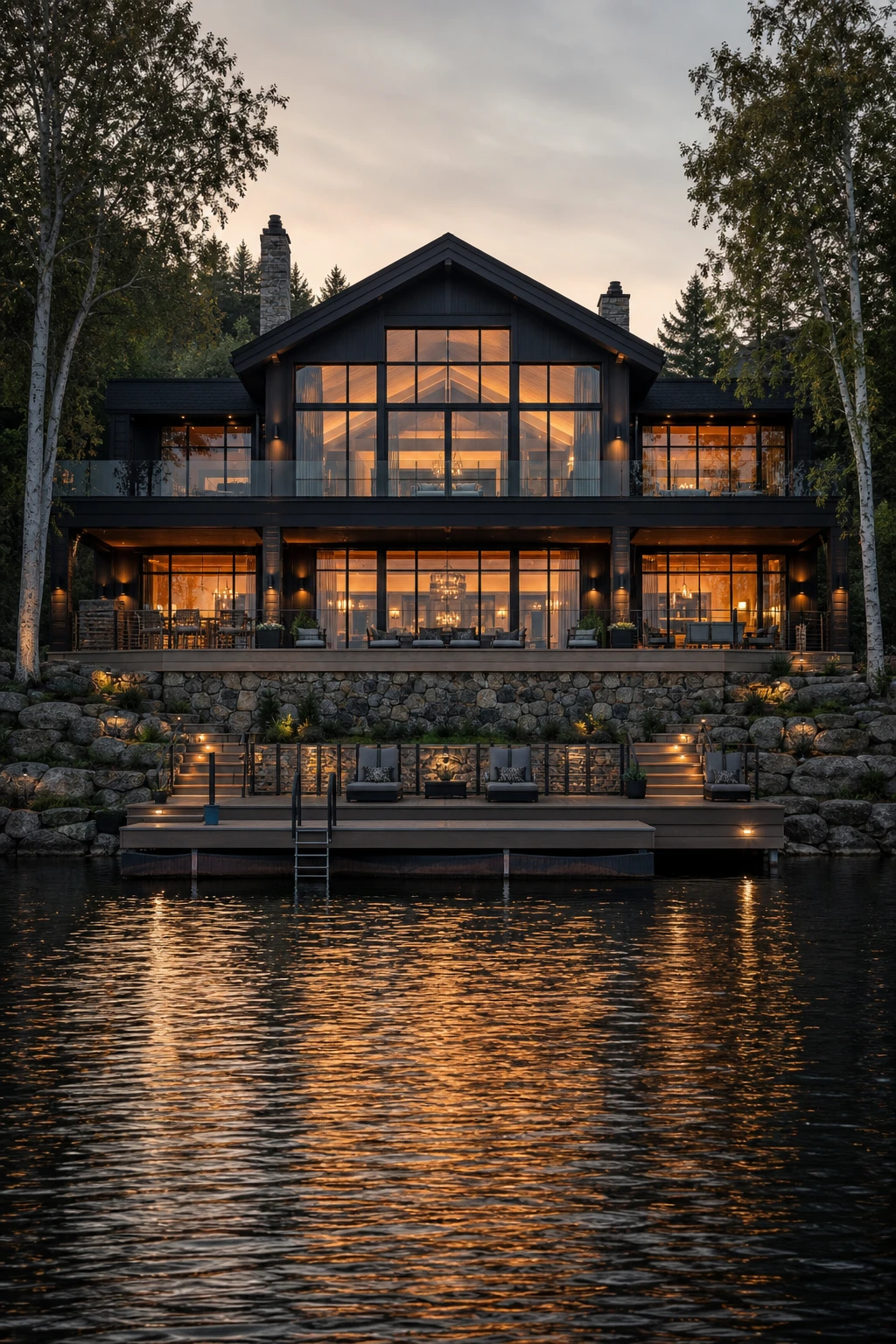 Dark lake house rear elevation painted Bible Black with expansive glazing, timber decking, and stone base extending toward calm lake water at dusk