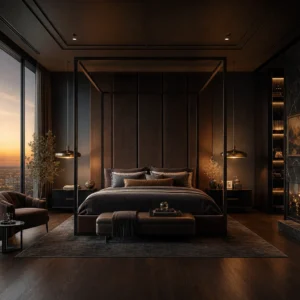 Dark luxury master bedroom with deep charcoal panelled walls, a floor to ceiling upholstered canopy bed, dark walnut floors, oxidised brass pendants, and layered cashmere bedding in warm evening light.