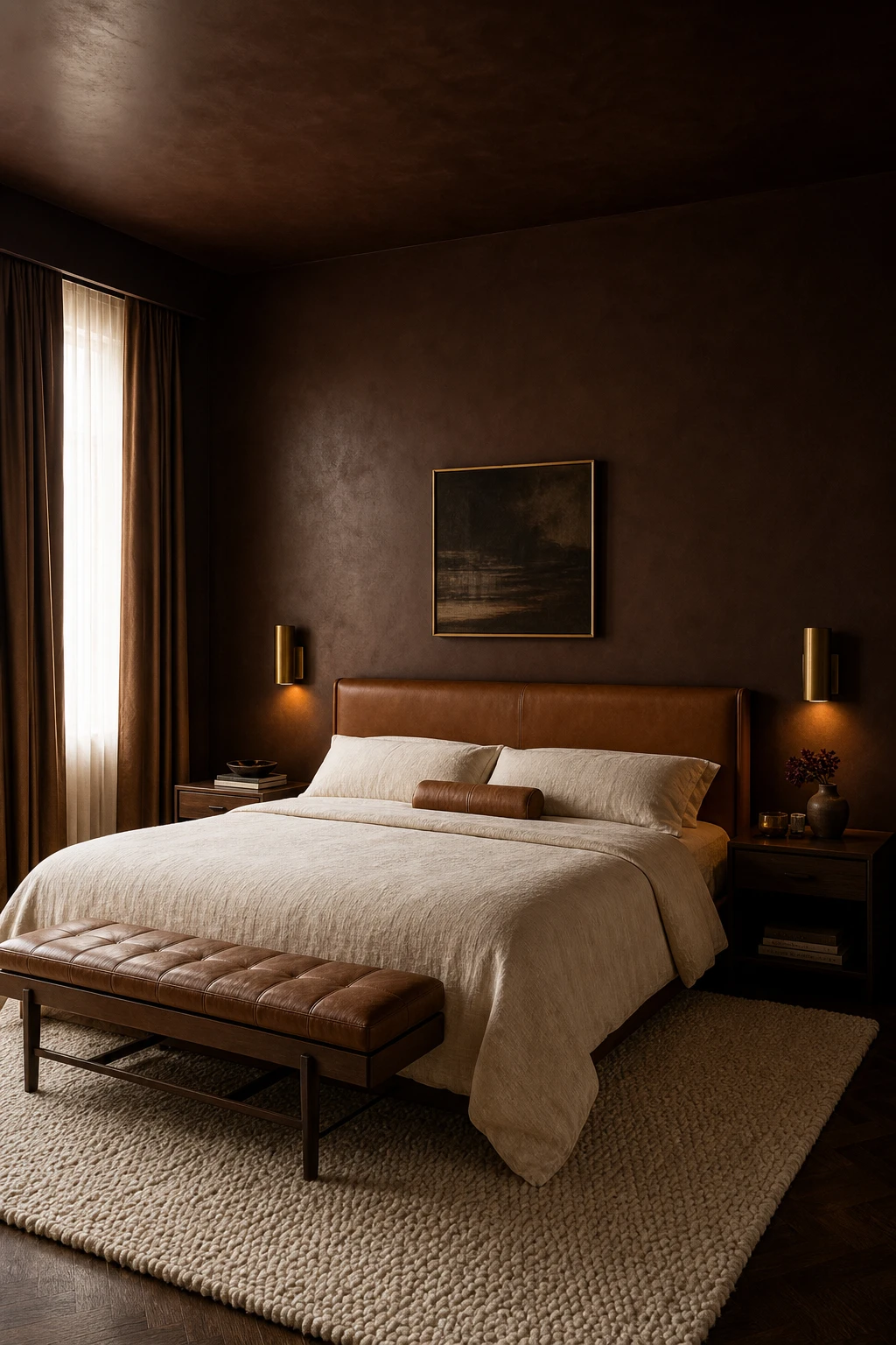 Dark luxury master bedroom with chocolate brown walls painted in Farrow and Ball Cola, king bed with caramel leather headboard, brass sconces, and walnut nightstands