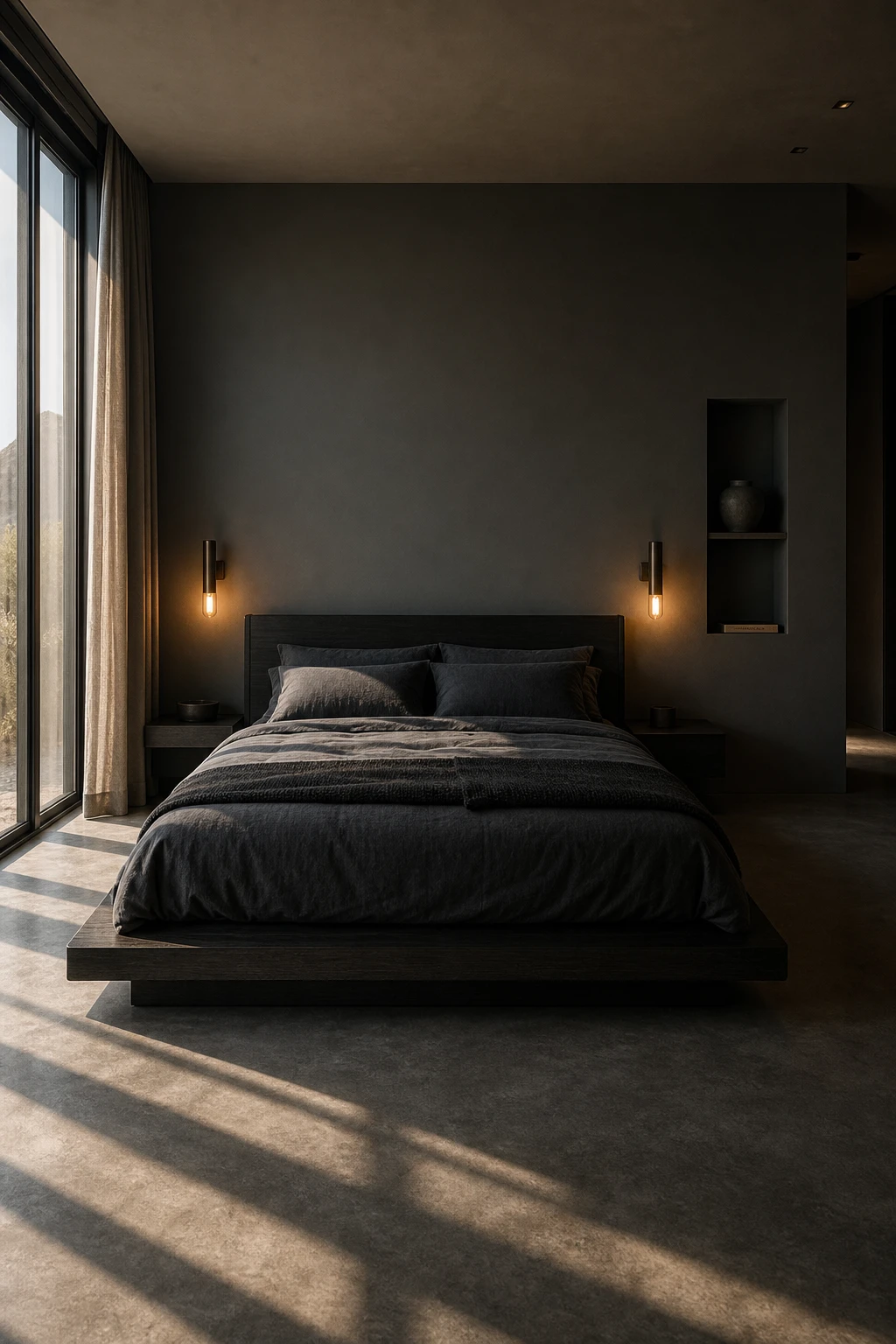 Dark luxury master bedroom with masculine restraint shown through a minimal dark grey platform bed, clean architectural lines, and disciplined layering of deep textures