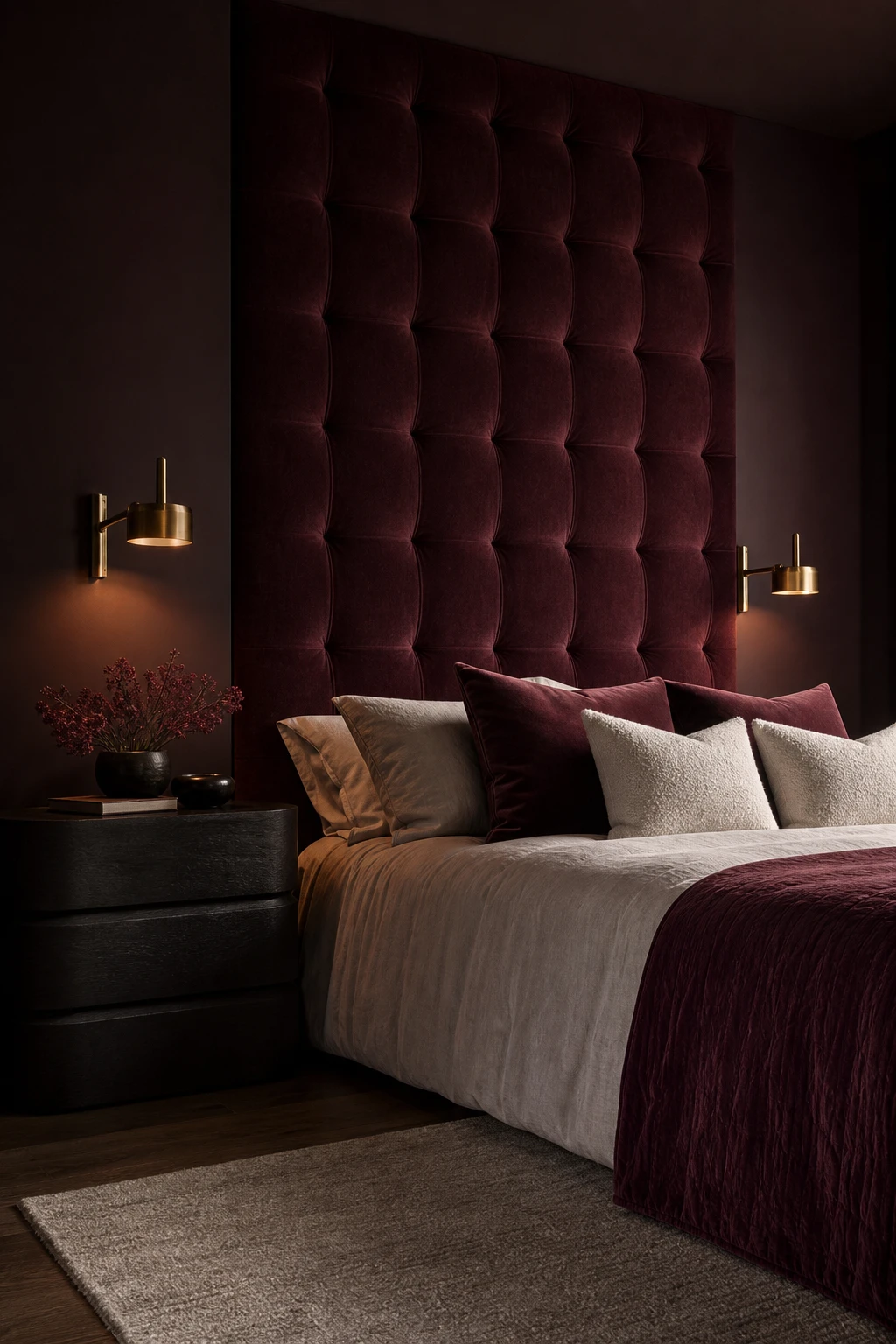 Dark luxury modern master bedroom with a dramatic statement headboard wall painted Farrow and Ball Brinjal anchoring an upholstered bed with layered textiles and accent lighting