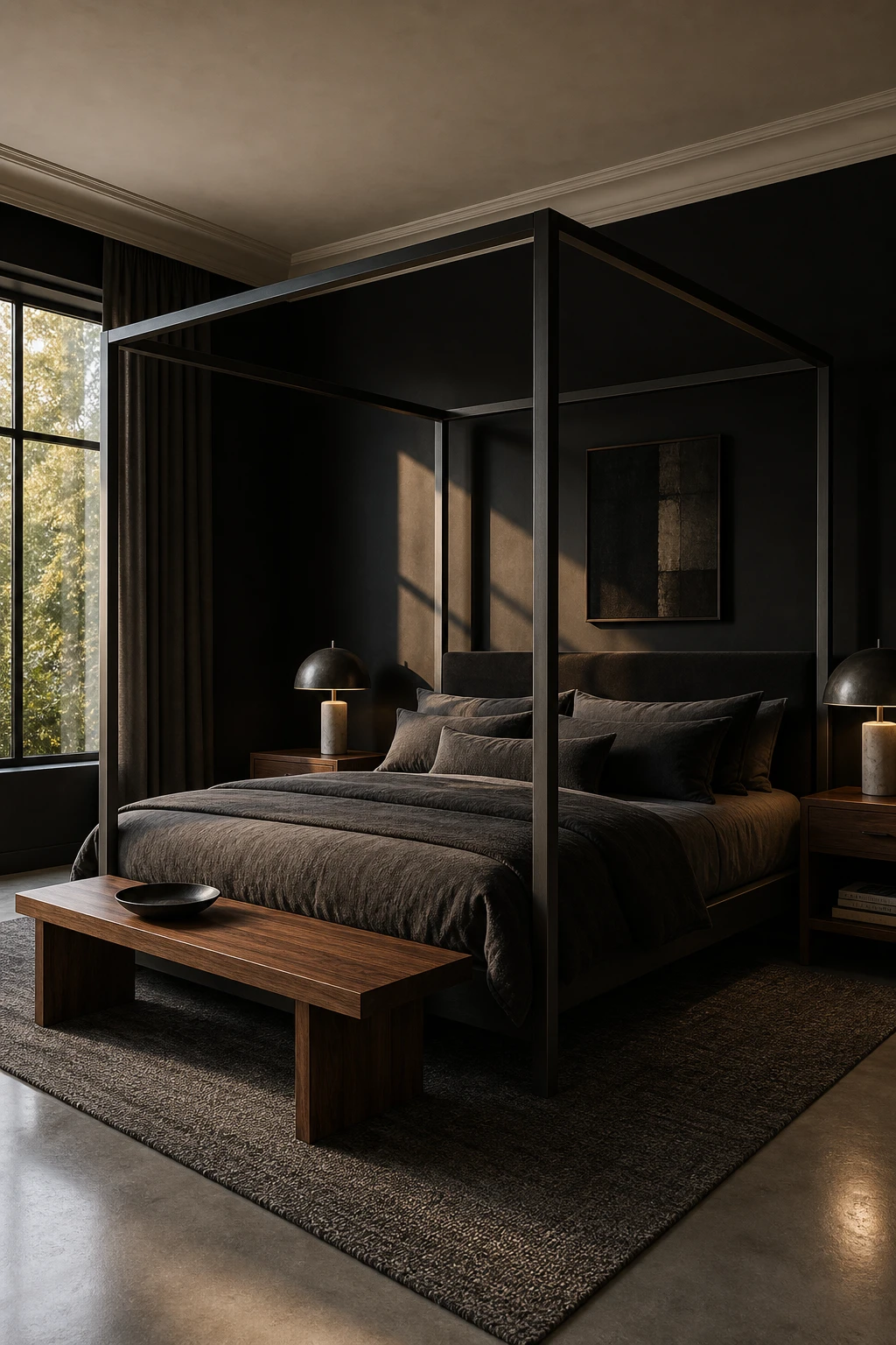 Dark luxury modern master bedroom with a sleek four poster bed frame as the hero, dressed in deep charcoal linen against Bible Black painted walls