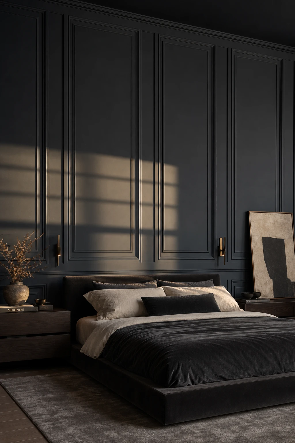 Dark luxury modern master bedroom with floor to ceiling Inchyra Blue panelled walls, deep moulding detail, sculptural bedside lighting and rich layered textiles