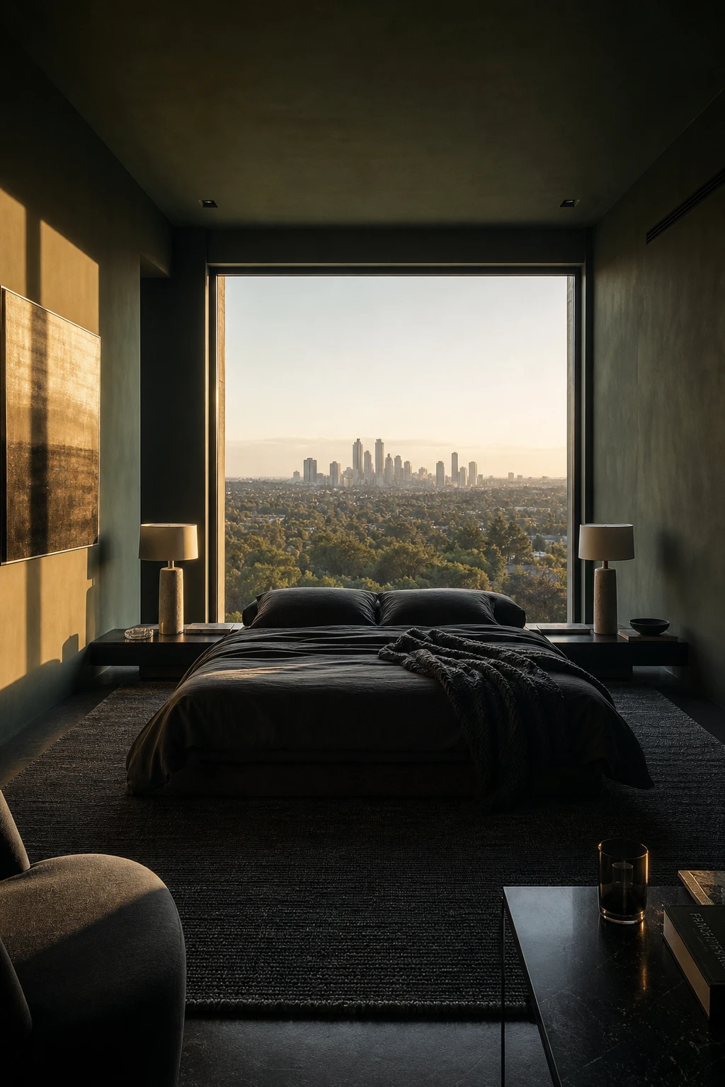 Dark luxury modern master bedroom with floor to ceiling window framed by deep green walls drawing the eye to the luminous outdoor view beyond
