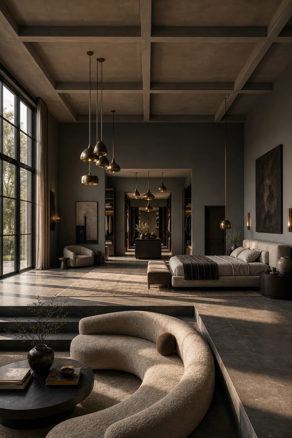 Dark luxury modern master bedroom with grand suite layout zoned into sleeping, seating and dressing areas under deep Pavilion Gray walls and warm low lighting