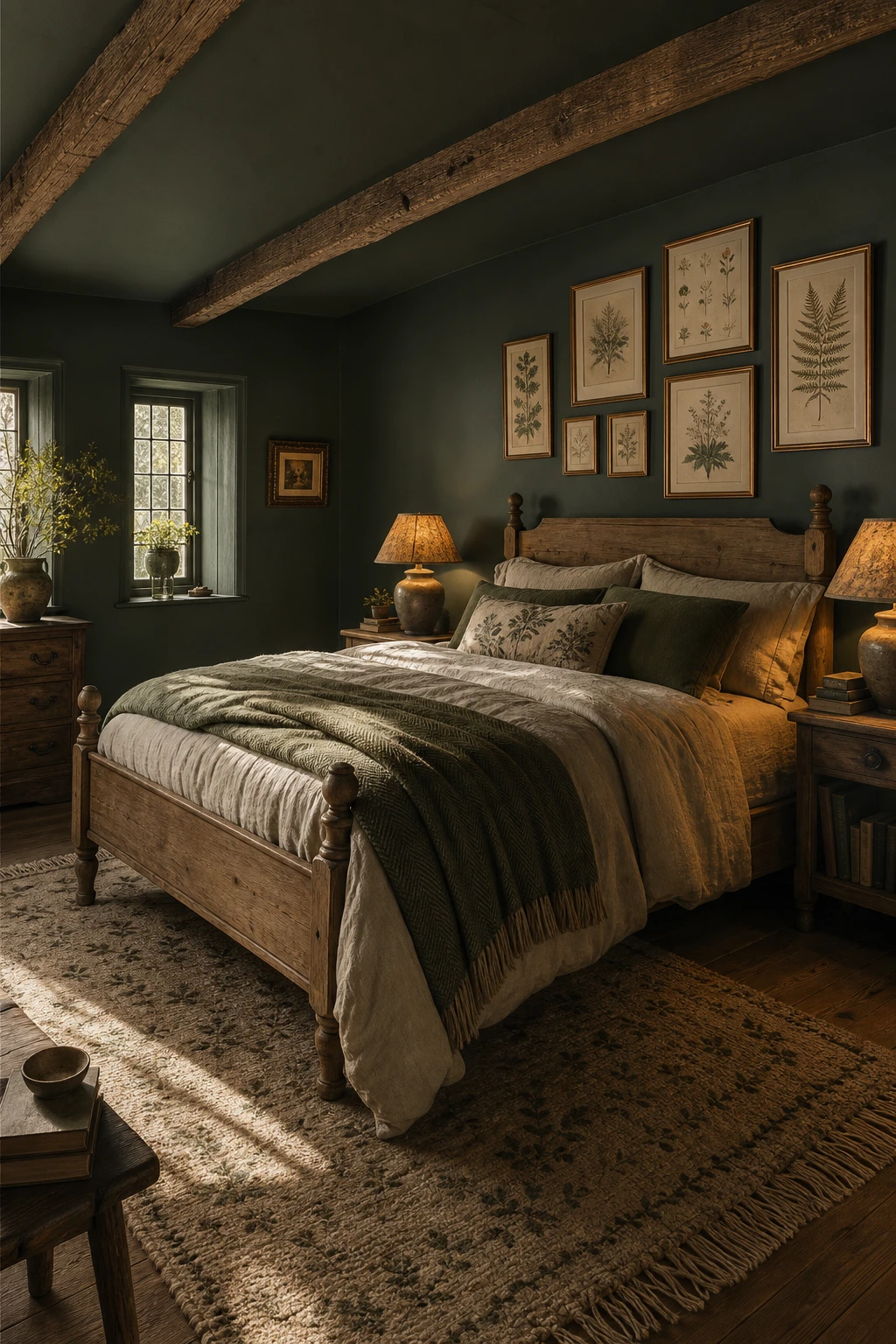 Dark pine green cottagecore bedroom with Farrow and Ball Minster Green walls, exposed timber beams, linen bedding, botanical prints and warm candlelight at dusk