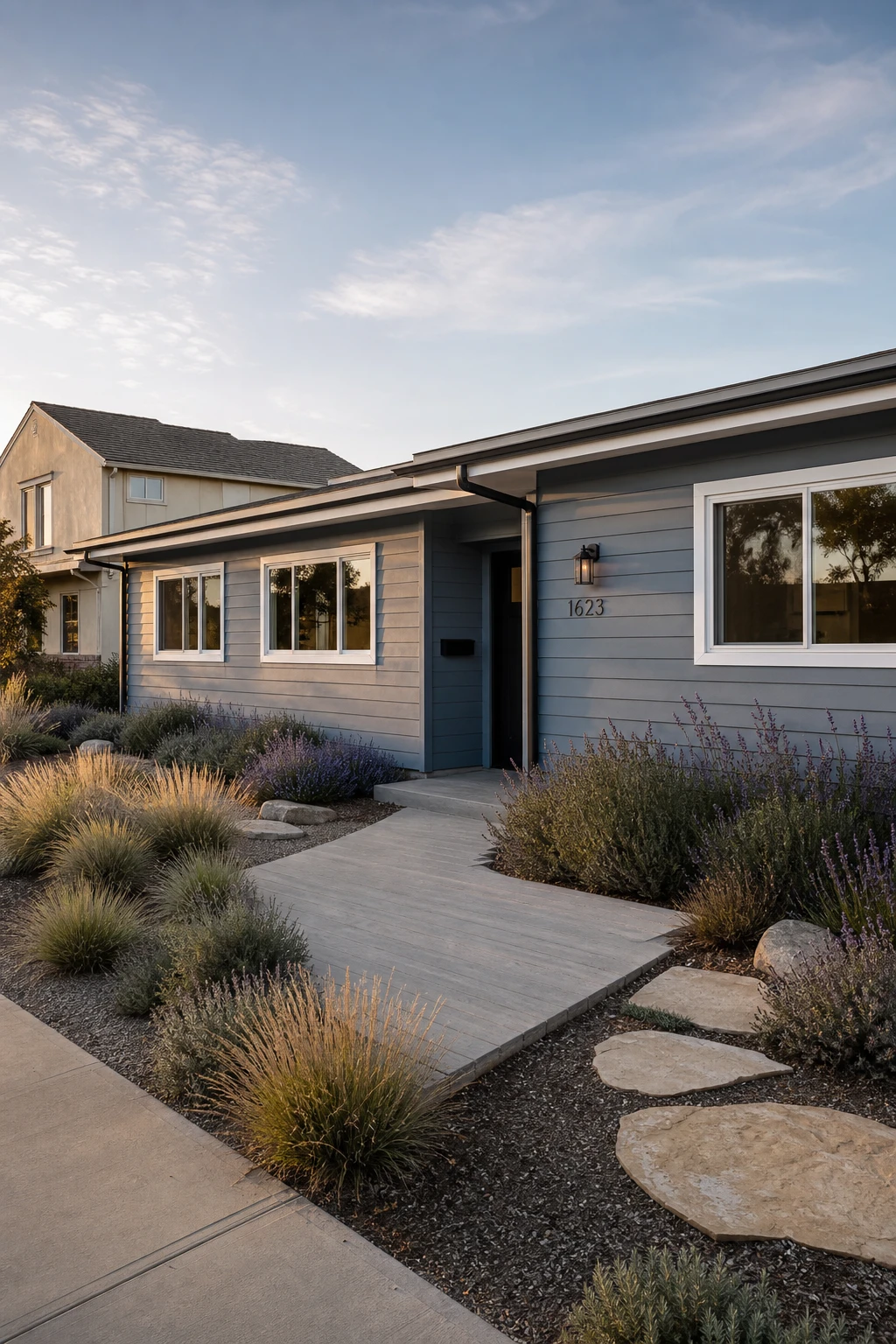 Dusty blue modern ranch exterior painted Farrow & Ball Parma Gray on a quiet suburban street, with white trim, black gutters, and mature landscaping in soft afternoon light.