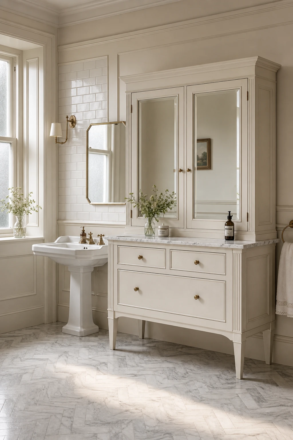 Edwardian English country bathroom vanity painted in Farrow and Ball Old White with period proportions, pedestal basin, subway tiles and natural morning light