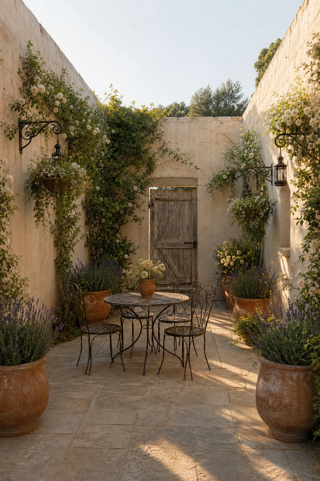 Enclosed French Country Garden Patio with tall stone walls painted warm white, climbing roses, a wrought iron bistro set, terracotta urns and soft afternoon light
