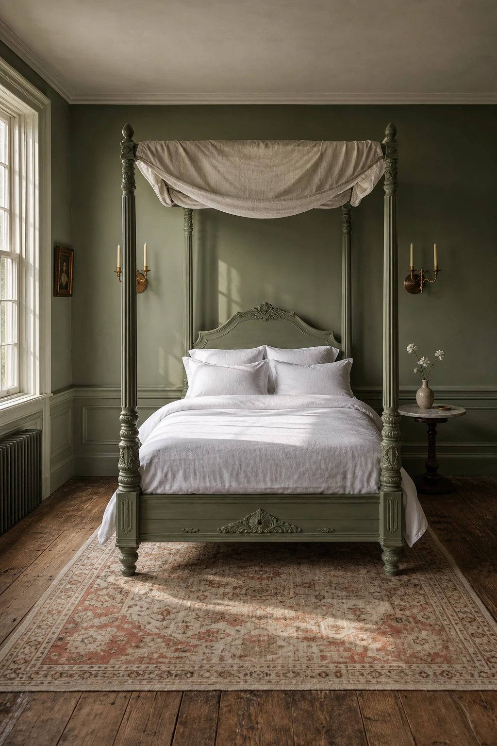English bedroom with a vintage four poster bed painted deep green, white linen bedding, brass candlestick sconces, and wide plank oak flooring in warm morning light