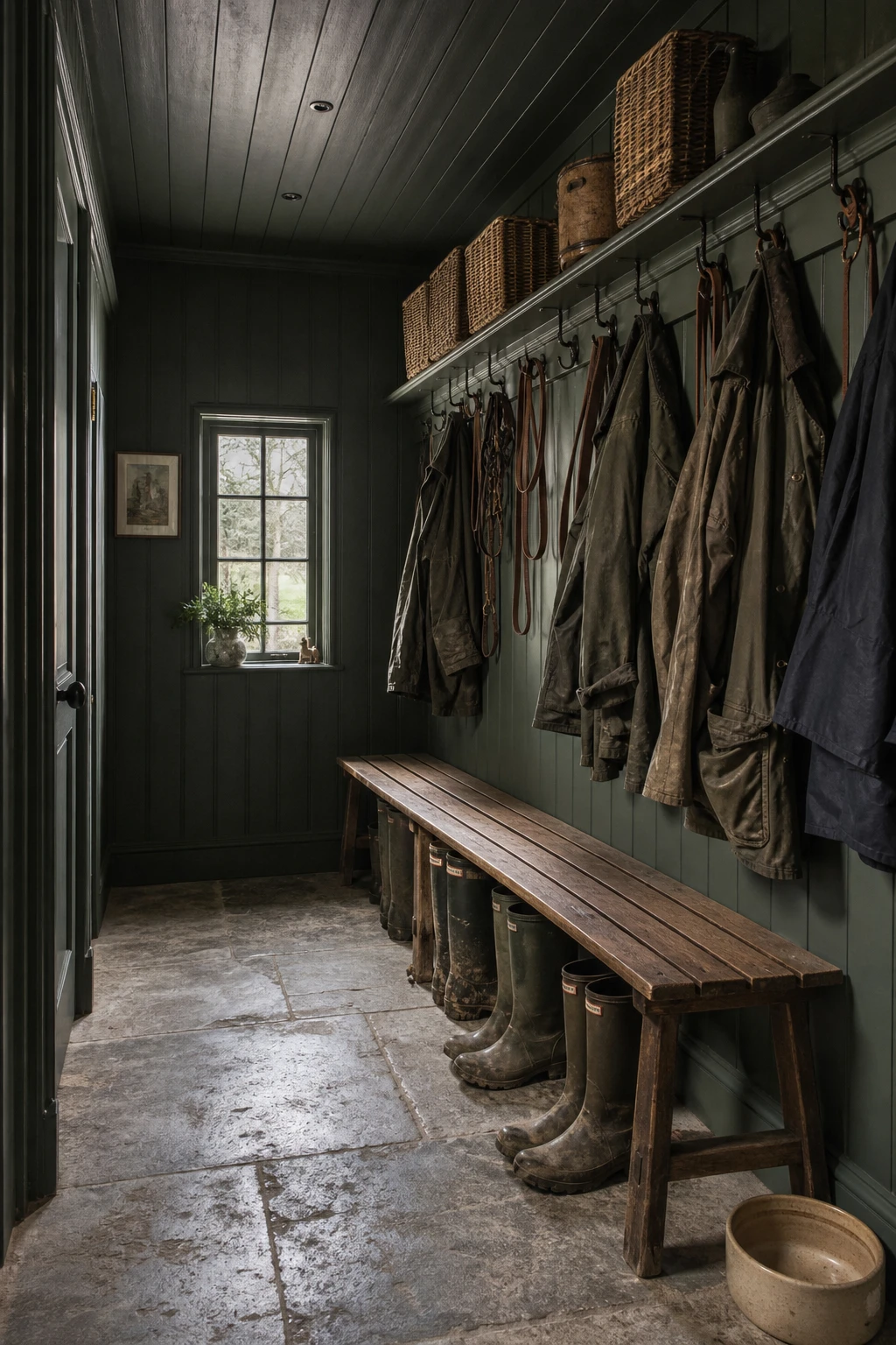 English boot room painted Farrow & Ball Sutcliffe Green with bench seating, peg rail, stone floor tiles, and natural light from a small window