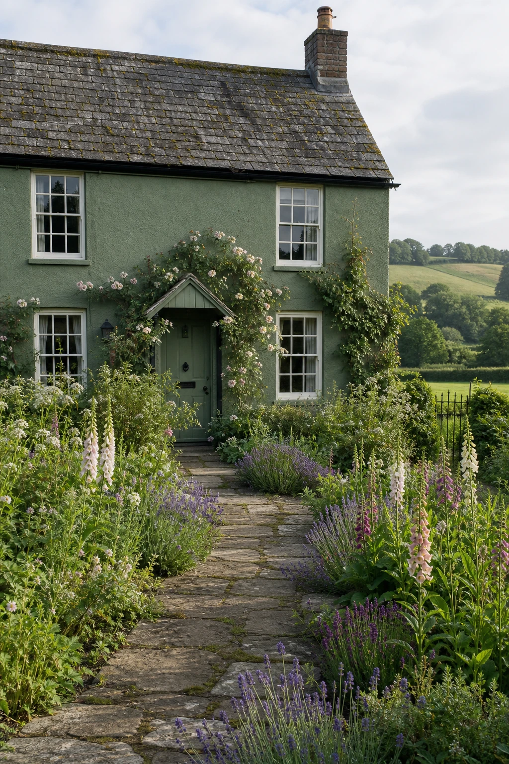 English cottage exterior painted Yeabridge Green with climbing roses, stone path, wooden sash windows, and slate roof in soft morning light