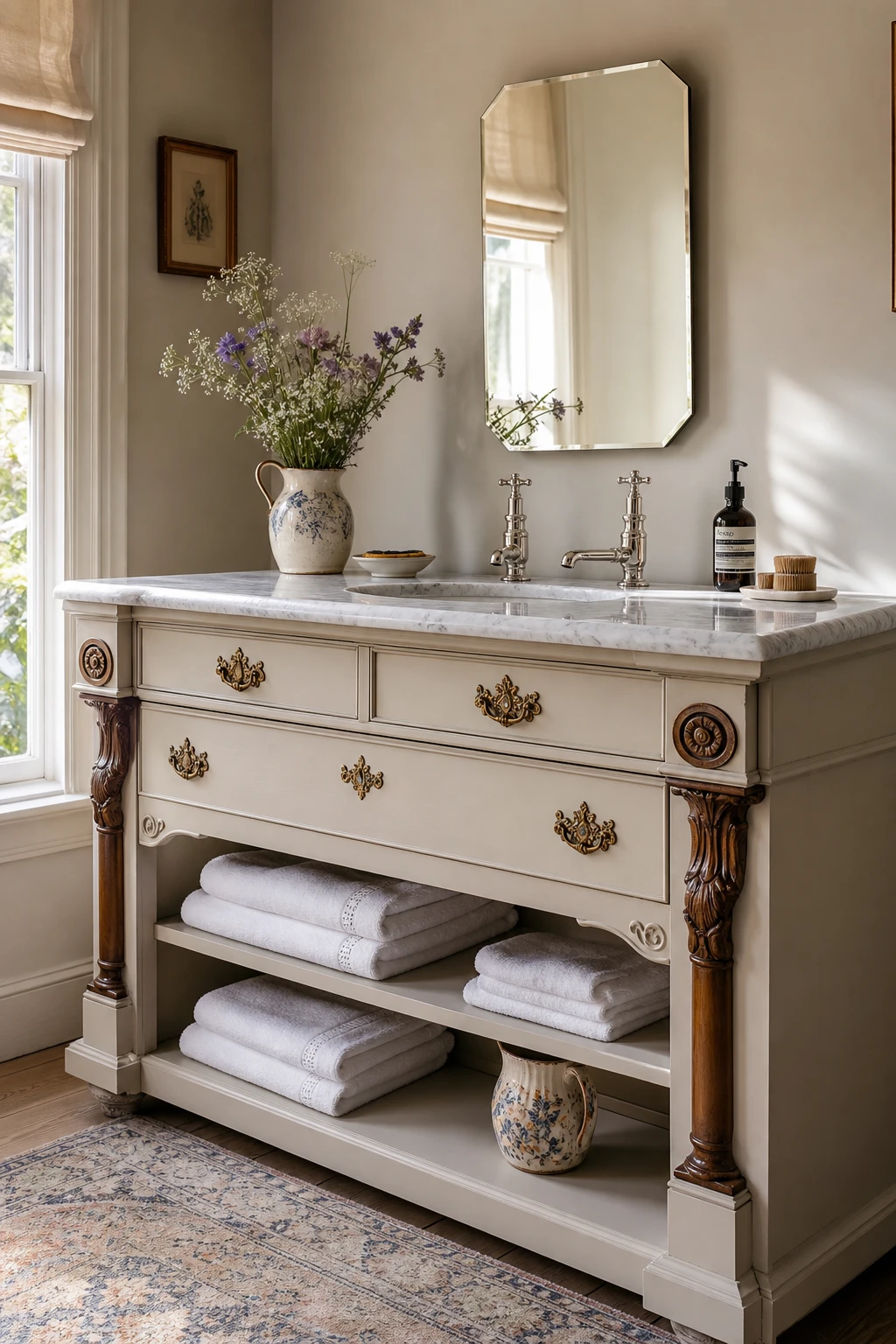 English country bathroom vanity built from a vintage dresser conversion painted Elephants Breath with a marble top undermount sink and polished nickel taps