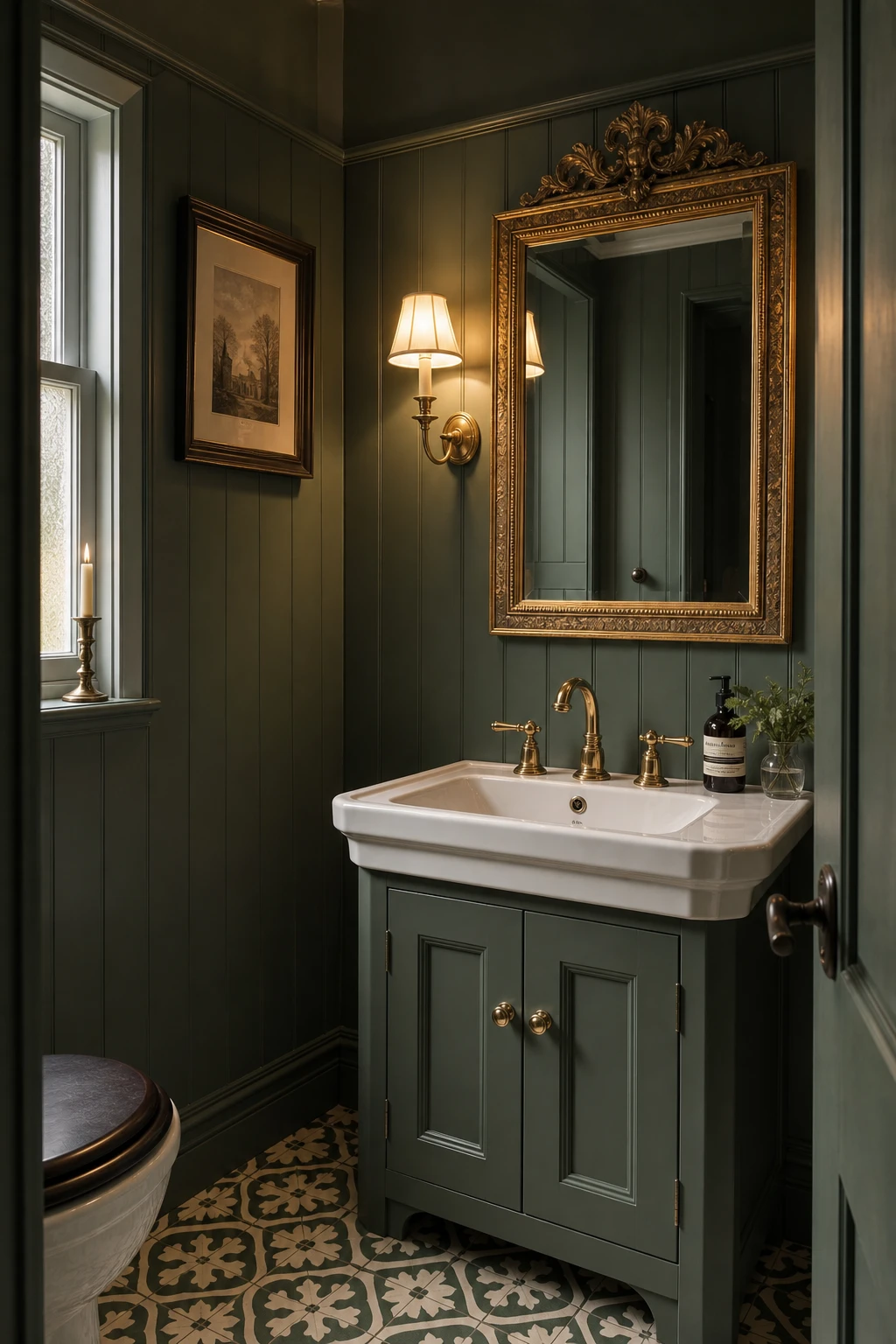 English country bathroom vanity cloakroom with dark green painted walls, pedestal basin, brass taps, framed mirror and patterned floor tiles