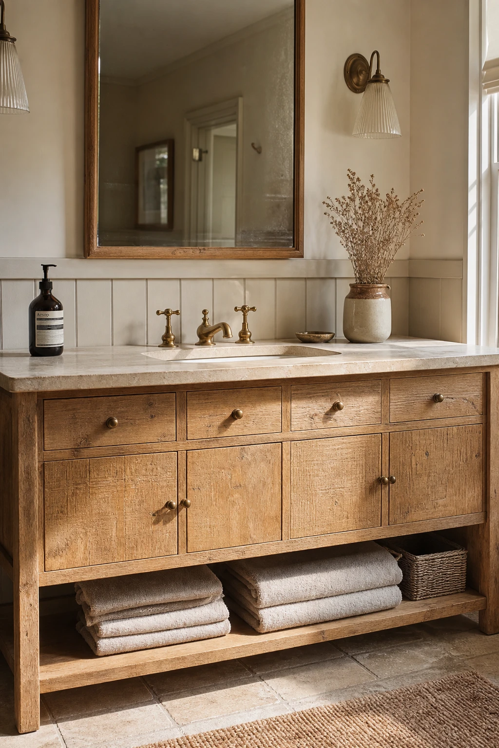 English country bathroom vanity featuring a solid oak vanity with warm grain detail, stone basin, brass fittings, and Farrow and Ball Cord painted walls in soft morning light