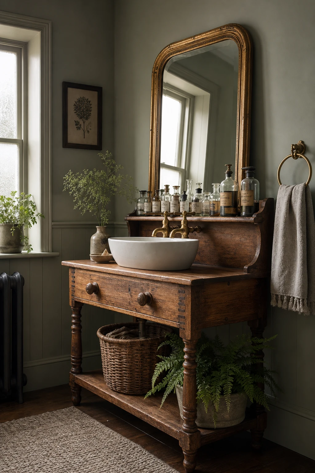English country bathroom vanity featuring an antique washstand with a ceramic vessel sink, warm neutral walls, brass taps, and soft morning light
