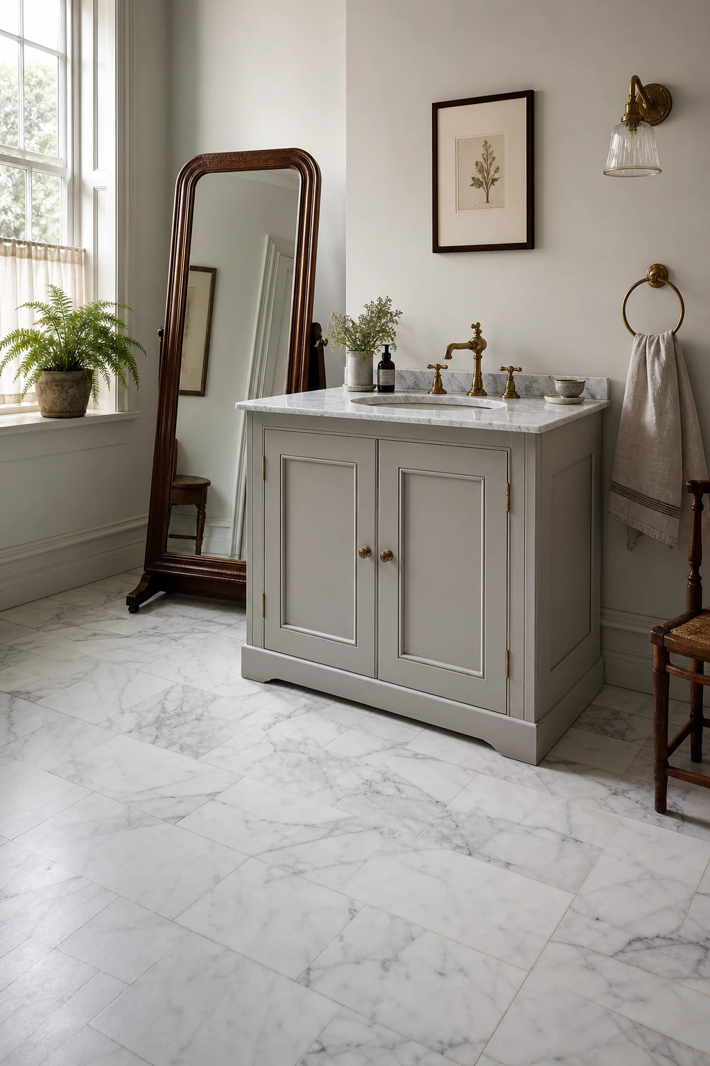 English country bathroom vanity grounded by a classic marble floor with cool neutral walls, brass fittings, and a freestanding mirror in soft natural morning light