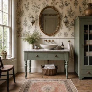 English country bathroom vanity with sage green painted washstand, marble top, ceramic vessel bowl, aged brass taps, tongue and groove wainscoting, botanical wallpaper and oak floors in warm morning light.