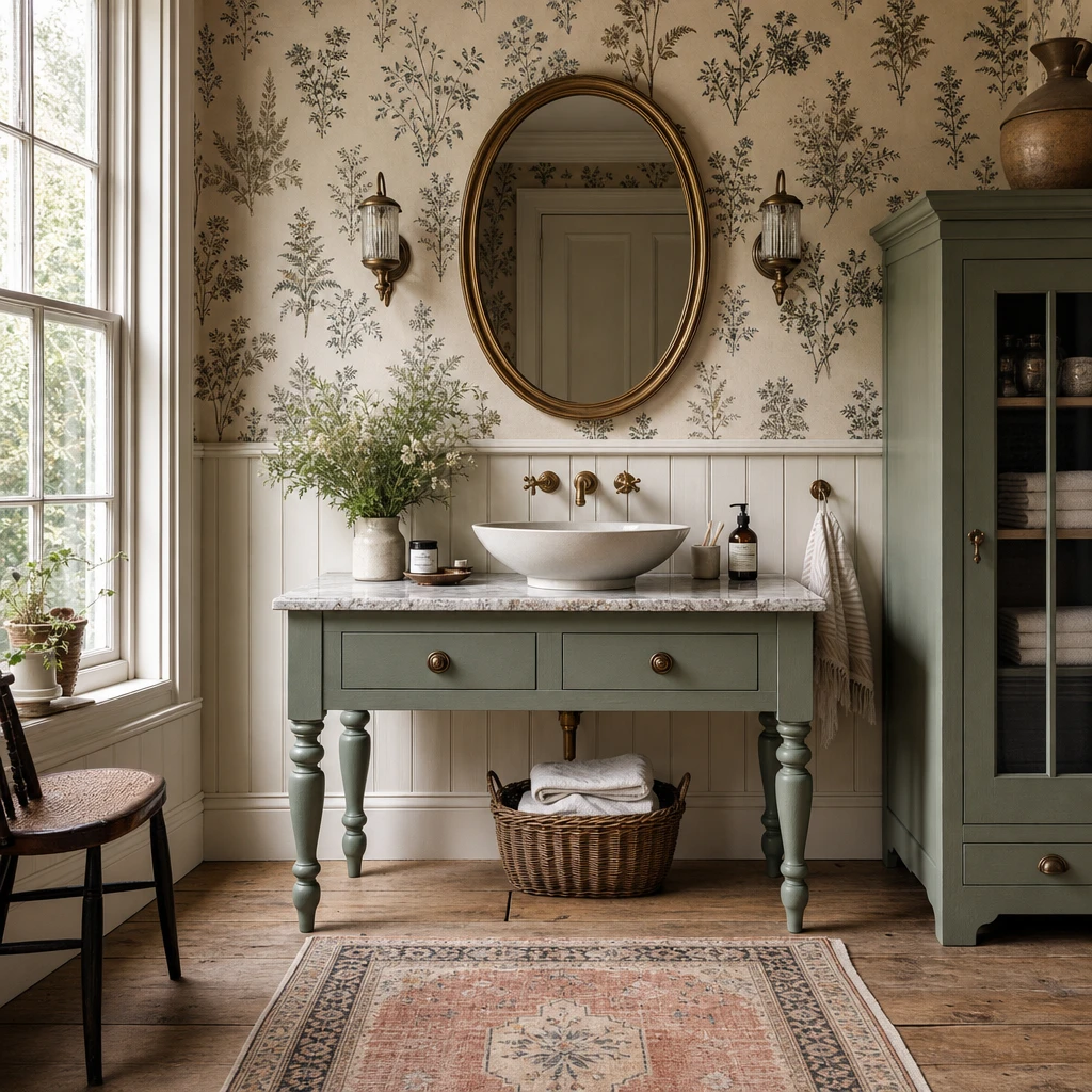 English country bathroom vanity with sage green painted washstand, marble top, ceramic vessel bowl, aged brass taps, tongue and groove wainscoting, botanical wallpaper and oak floors in warm morning light.