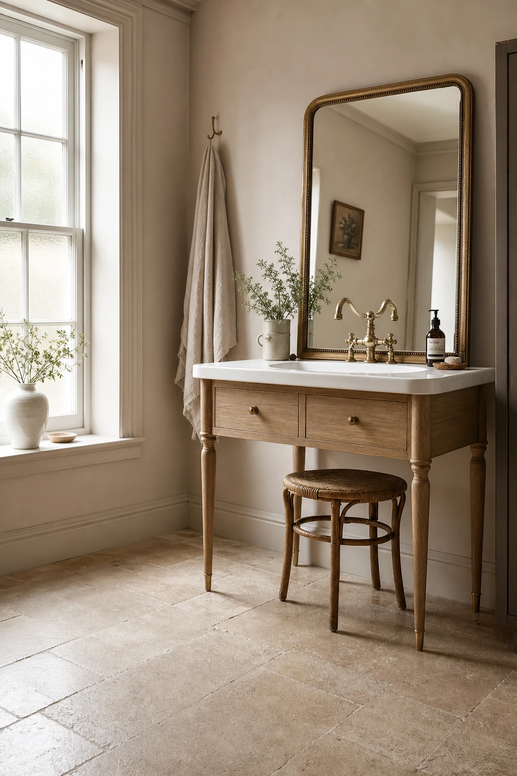 English country bathroom vanity on legs with visible floor space, warm stone walls, brass fittings, and soft natural light from a frosted sash window