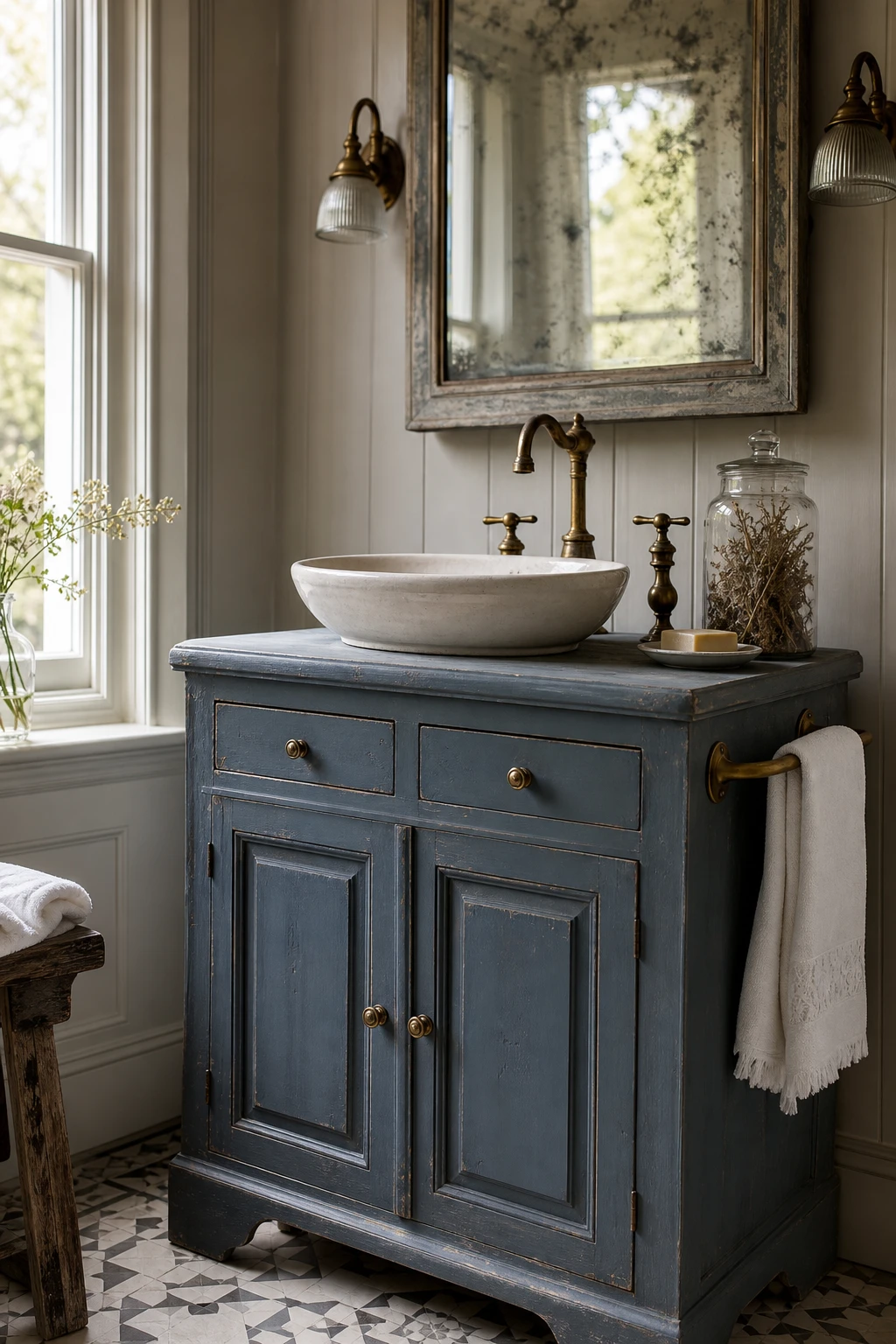 English country bathroom vanity painted antique blue with aged brass fittings, ceramic basin, framed mirror and natural light from a sash window
