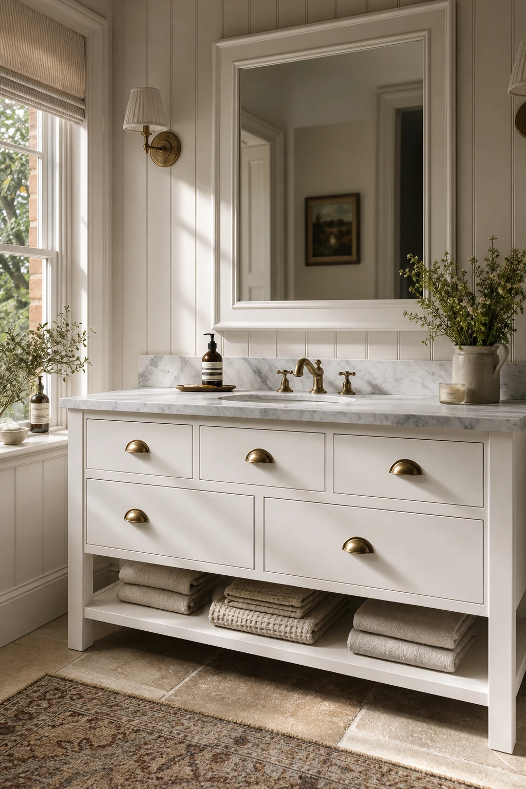 English country bathroom vanity painted in Farrow and Ball All White with brass hardware, a marble top, framed mirror and soft towels in warm morning light
