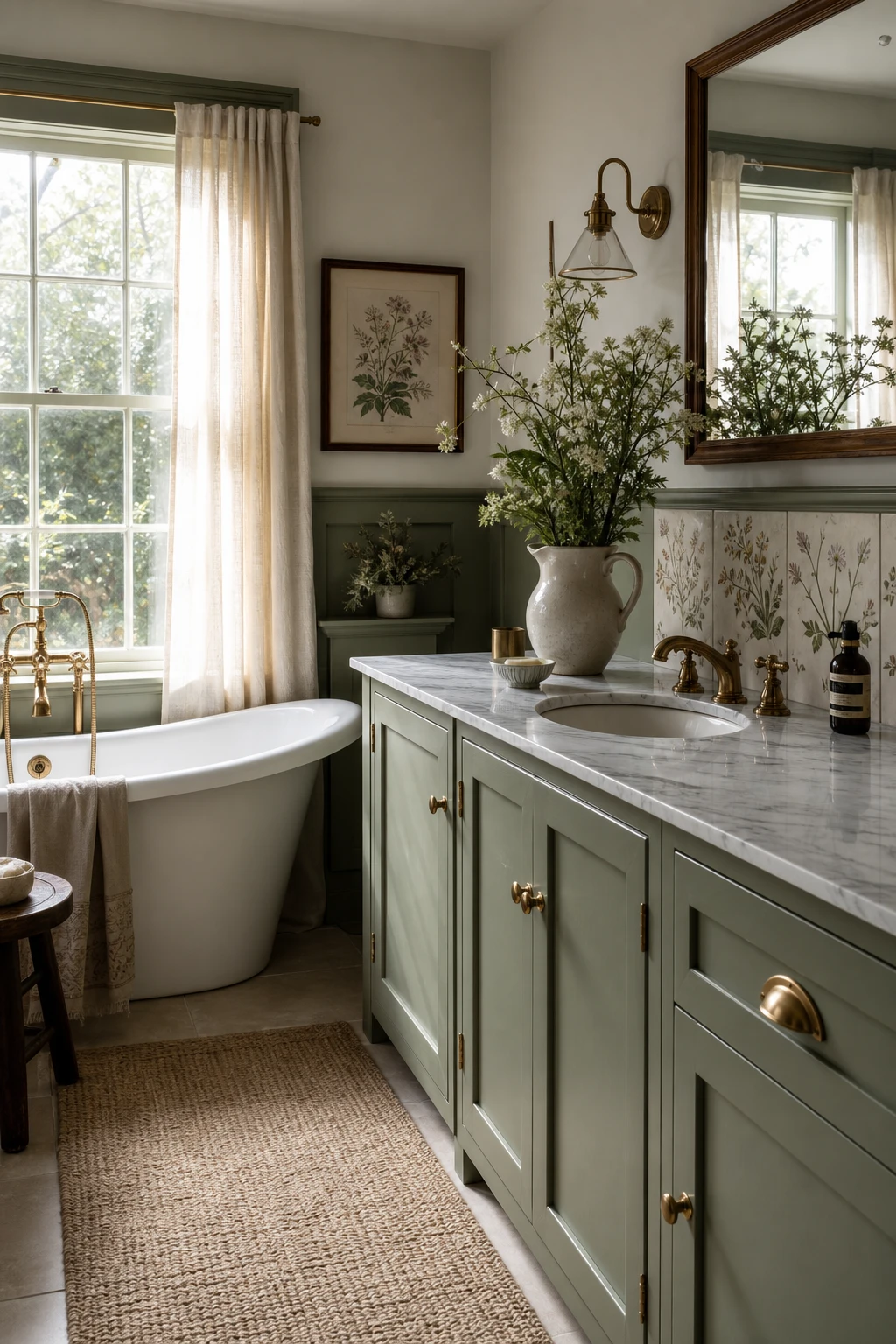English country bathroom vanity painted sage green with floral accents, freestanding tub, and garden fresh botanicals in soft morning light