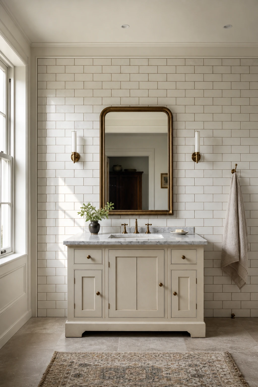 English country bathroom vanity set against a full subway tile wall with warm grout, soft white paint, a marble countertop, brass fixtures, and a framed mirror above