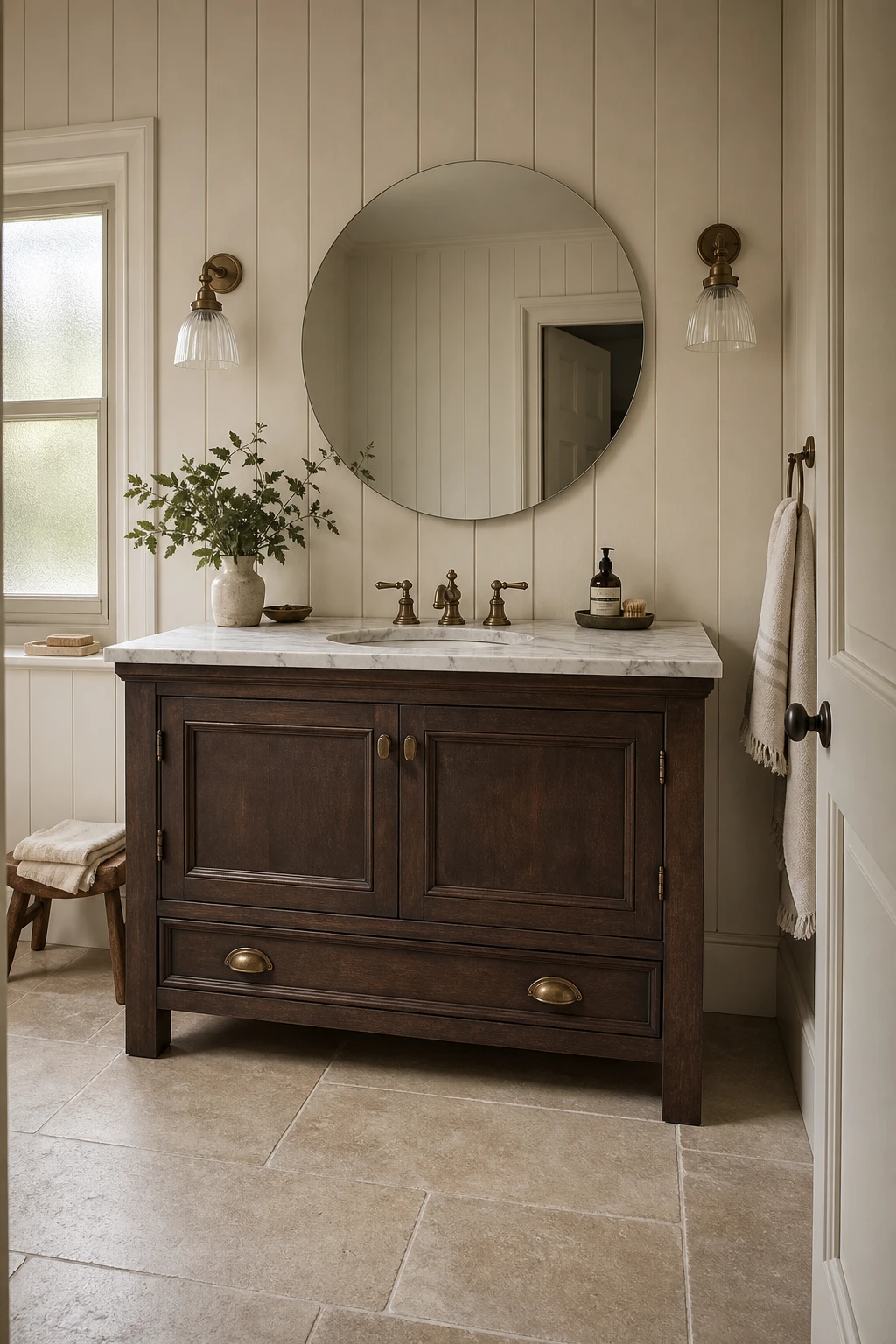 English country bathroom vanity with a dark brown freestanding cabinet, white marble countertop, aged brass fixtures, and panelled walls painted in Farrow & Ball Tanner's Brown