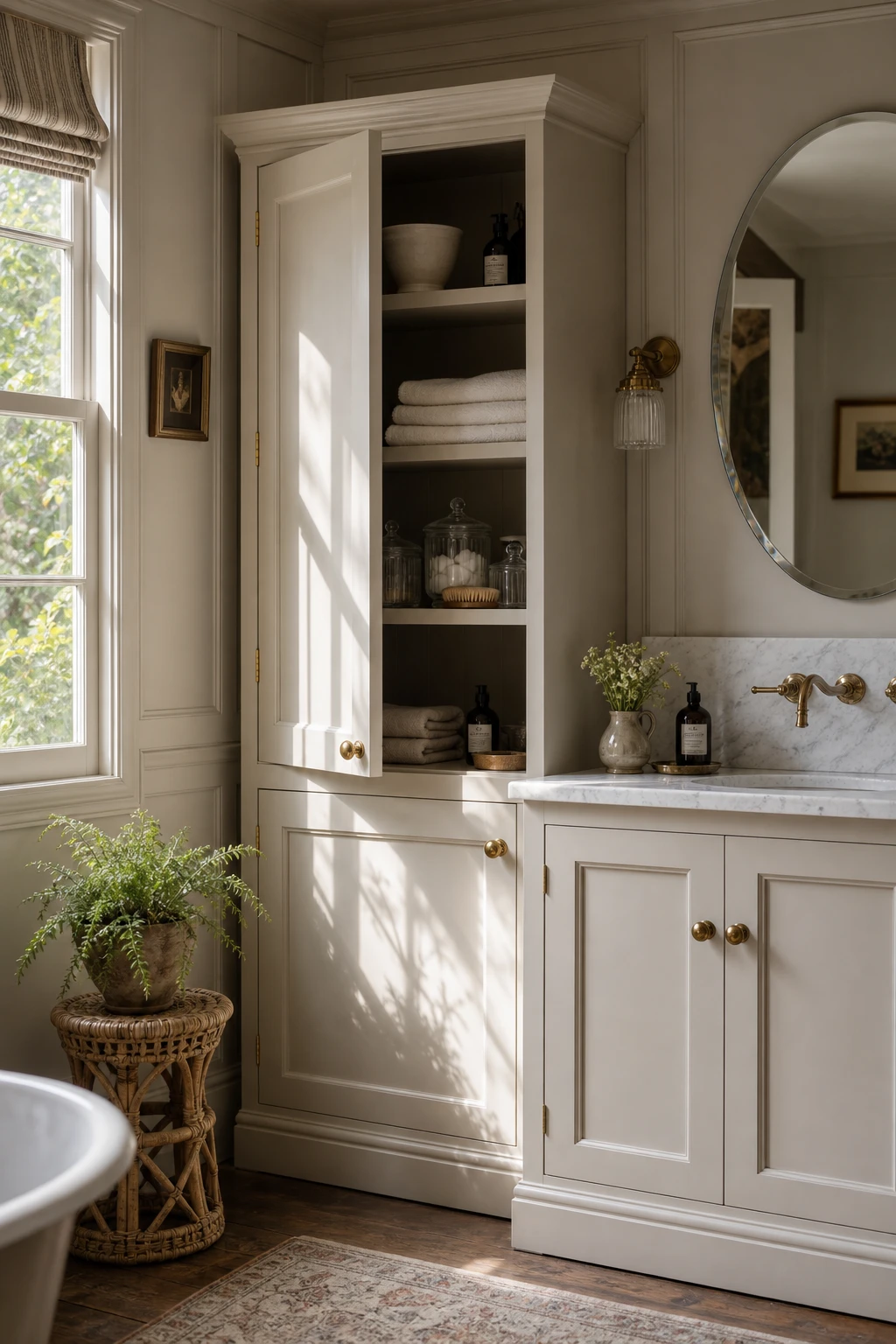 English country bathroom vanity with a freestanding cabinet as hero, warm neutral walls, vintage mirror, brass fittings, and natural linen accents in soft morning light