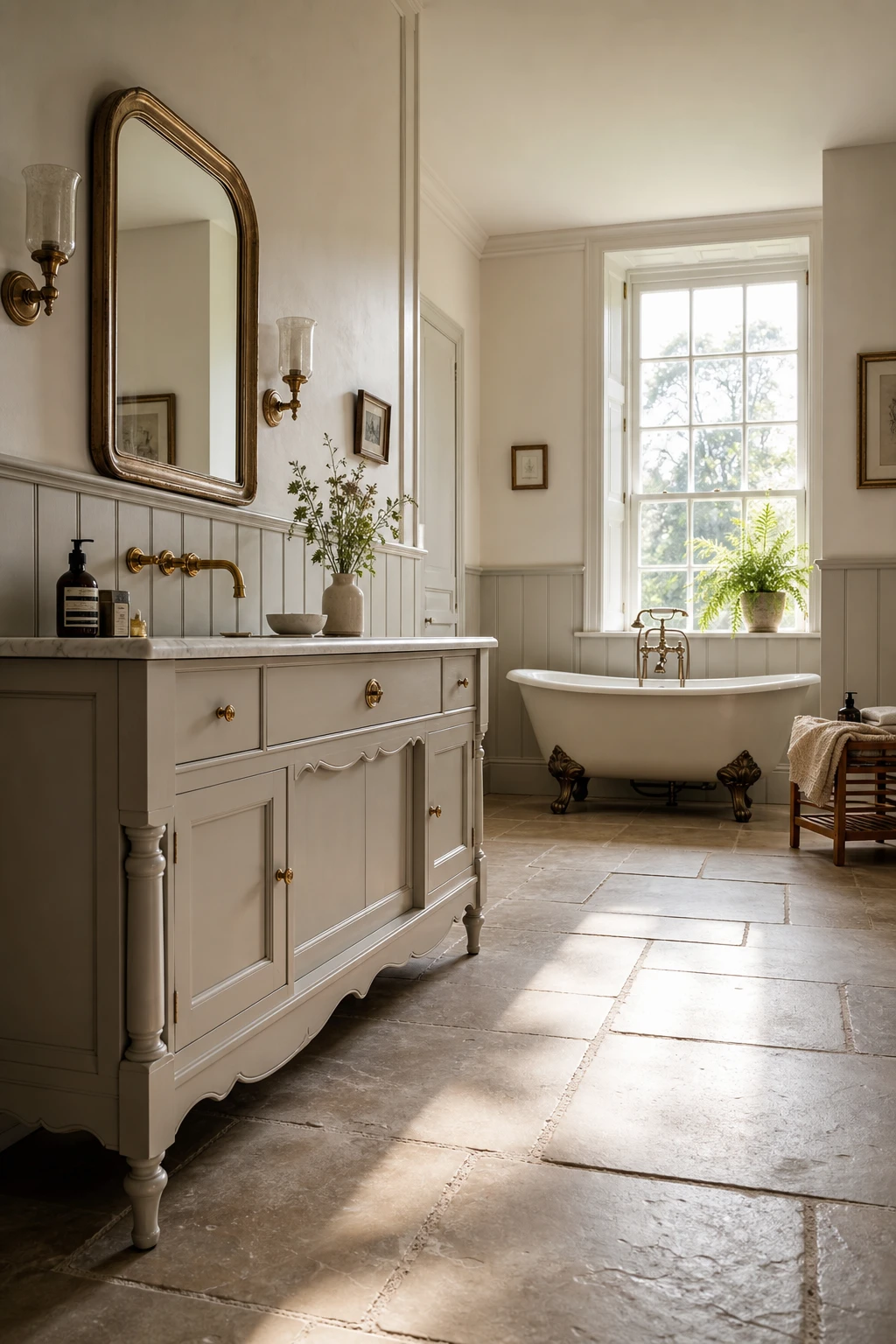 English country bathroom vanity with a grand furniture style washstand in warm white, freestanding bath, panelled walls in Farrow and Ball Pointing, brass fittings and stone floor tiles