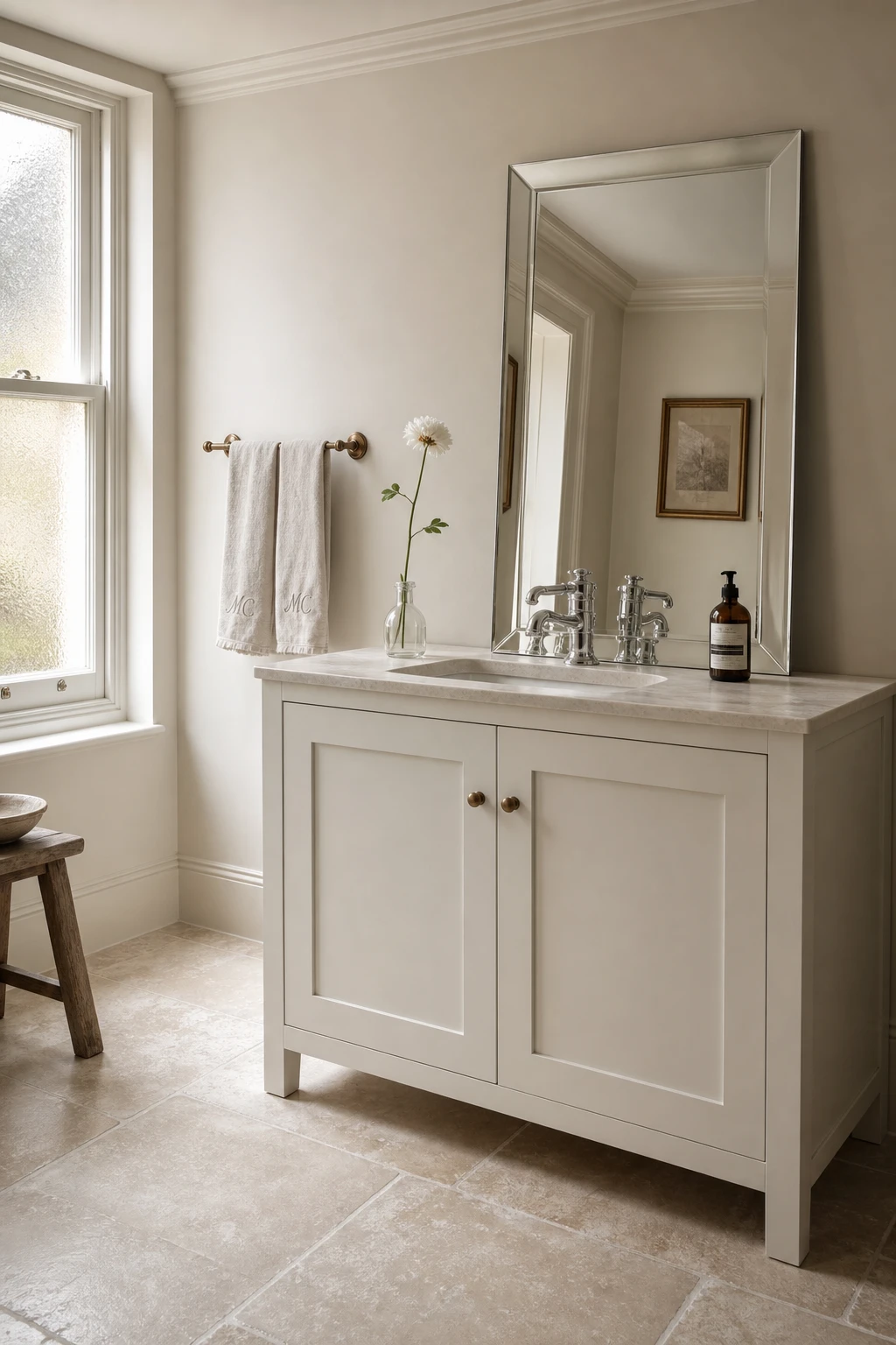 English Country Bathroom Vanity with a modern country update featuring shaker cabinetry, contemporary chrome fixtures, warm neutral walls and natural stone surfaces
