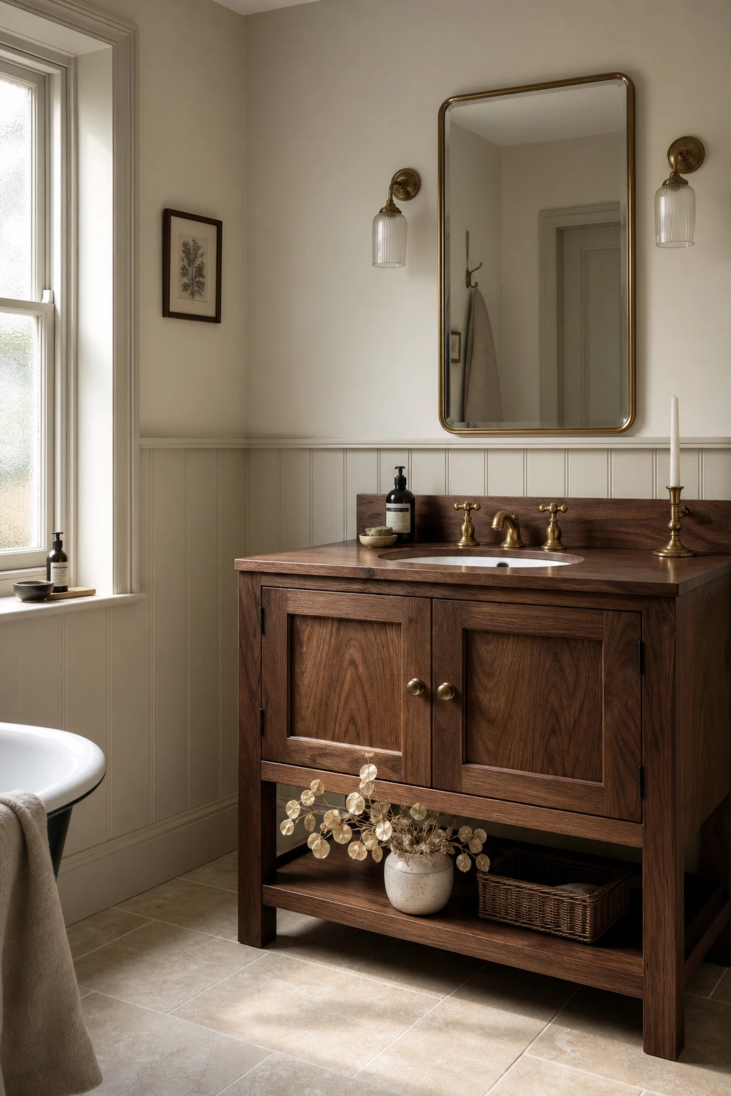 English country bathroom vanity with a rich walnut cabinet, white ceramic basin, unlacquered brass taps, and Farrow and Ball Bone painted walls