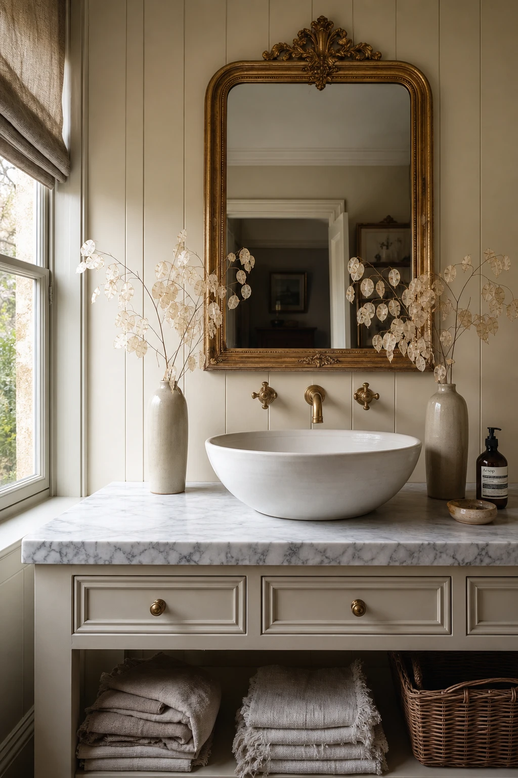 English country bathroom vanity with an above counter basin as the hero, warm Tallow walls, ornate mirror, brass taps, and marble countertop in soft morning light