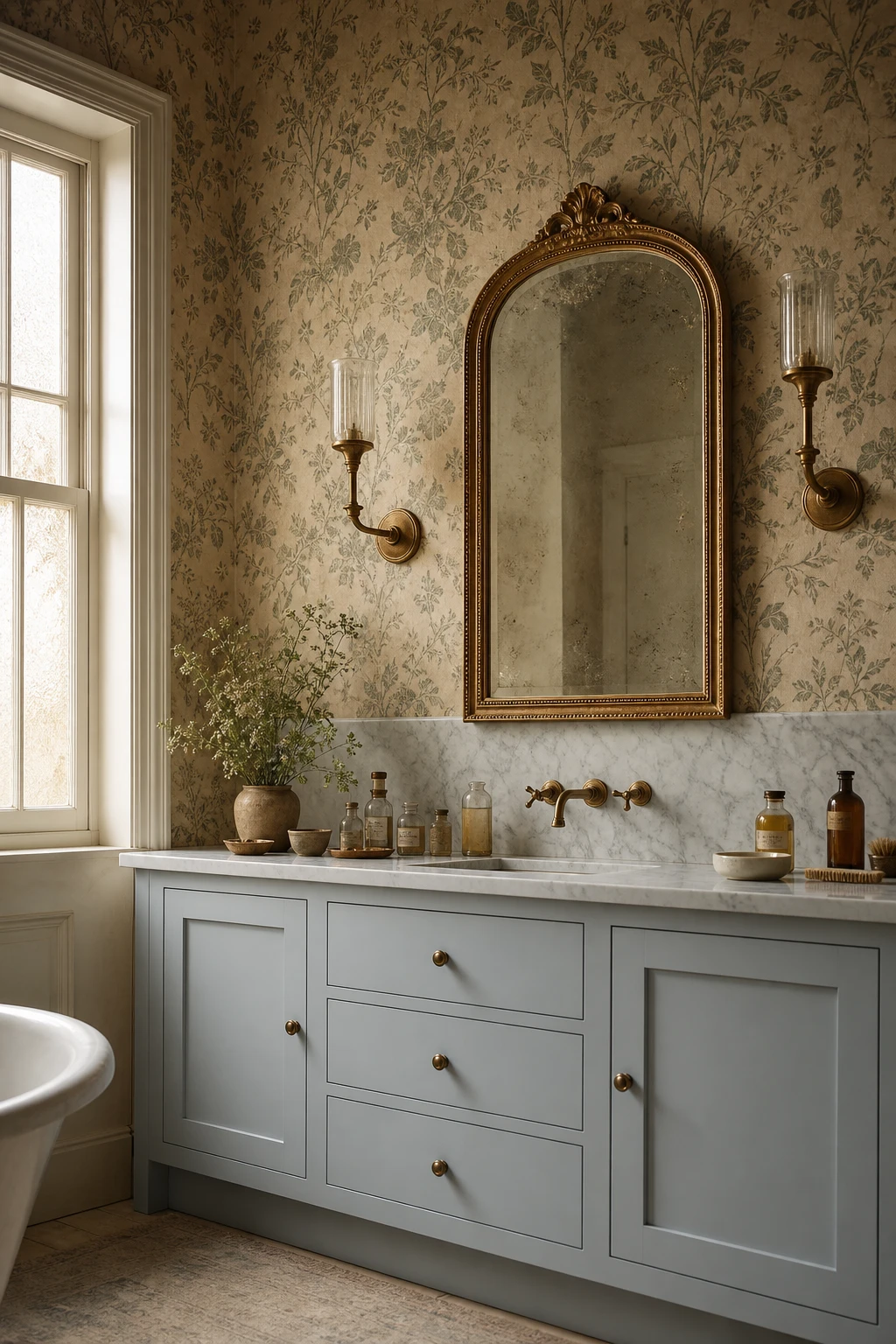 English country bathroom vanity with antique botanical wallpaper above, painted in Farrow & Ball Pale Powder, soft morning light, marble splashback and brass fixtures