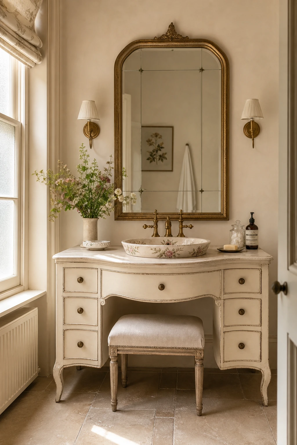 English country bathroom vanity with French country curved cabinet, aged brass fittings, soft floral tiles, and Farrow & Ball Dimity walls in warm natural light