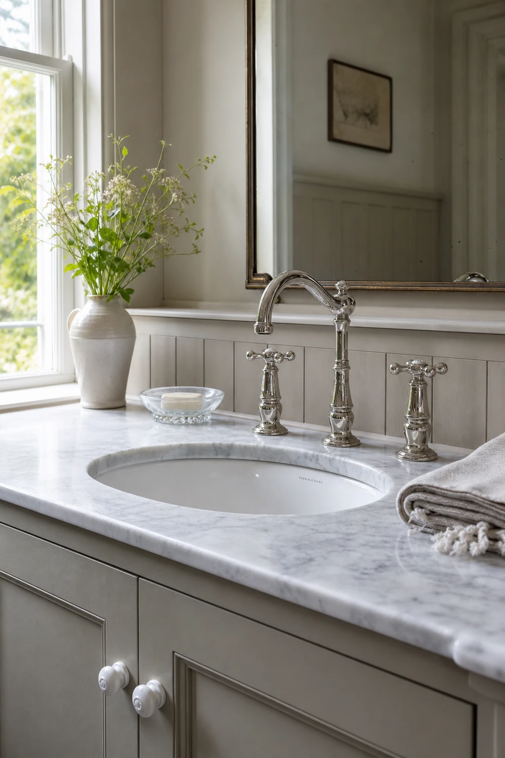 English country bathroom vanity with polished nickel Victorian taps as the hero, painted in Farrow and Ball Wevet, soft morning light from a sash window